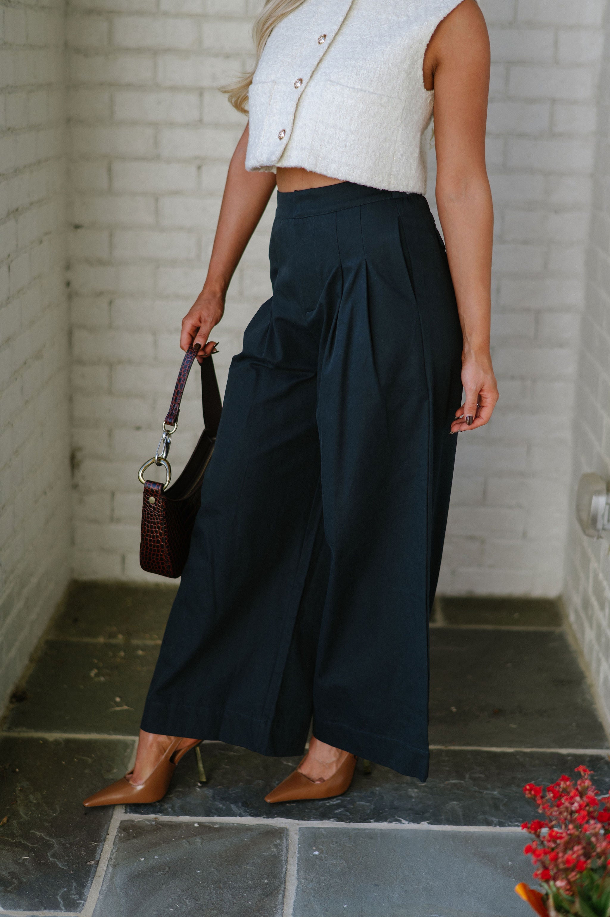 Pleated Wide Leg Pants-Navy