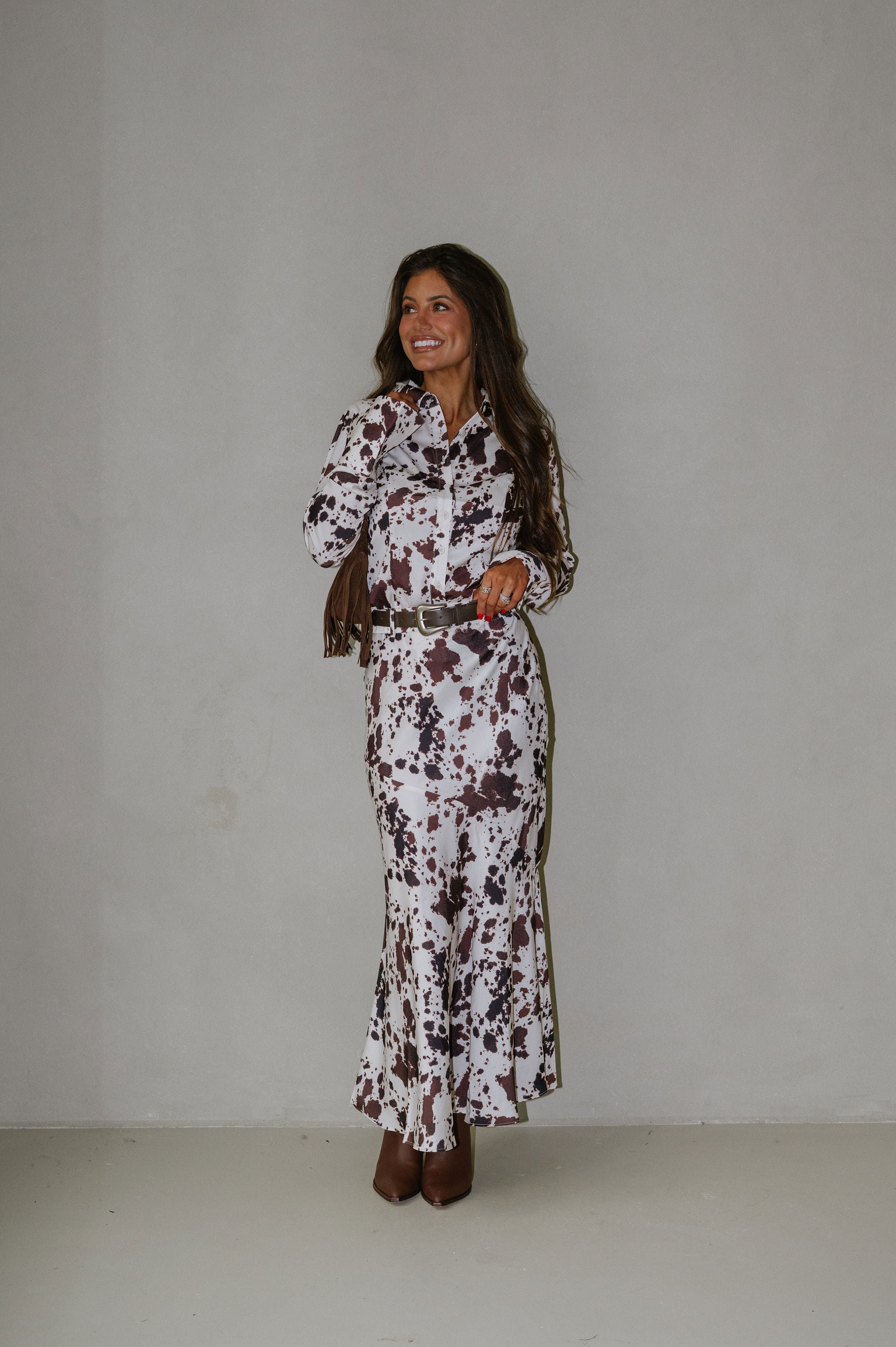 Belted Maxi Skirt-Cow Print
