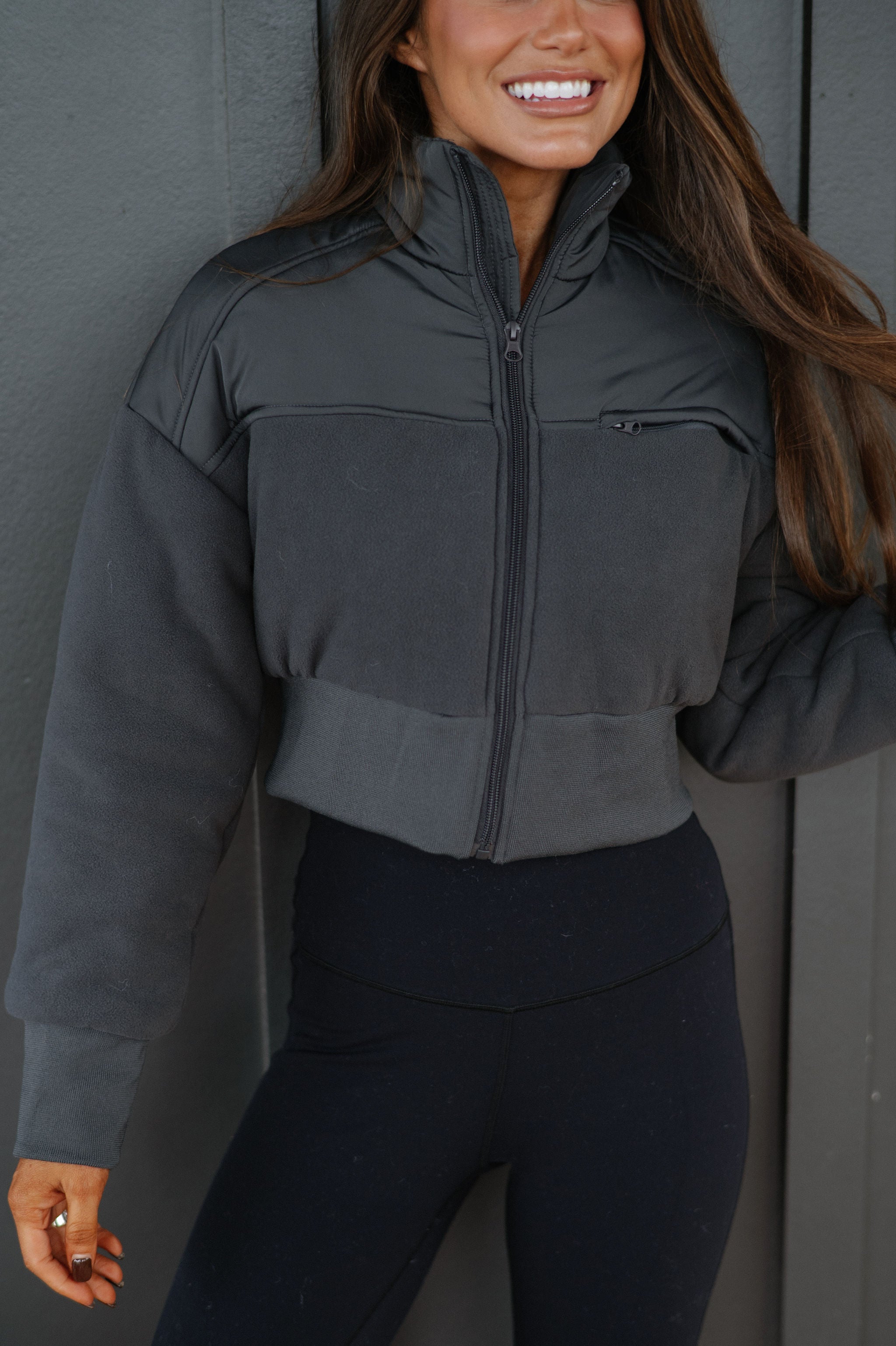 Fleece Cropped Jacket-Charcoal