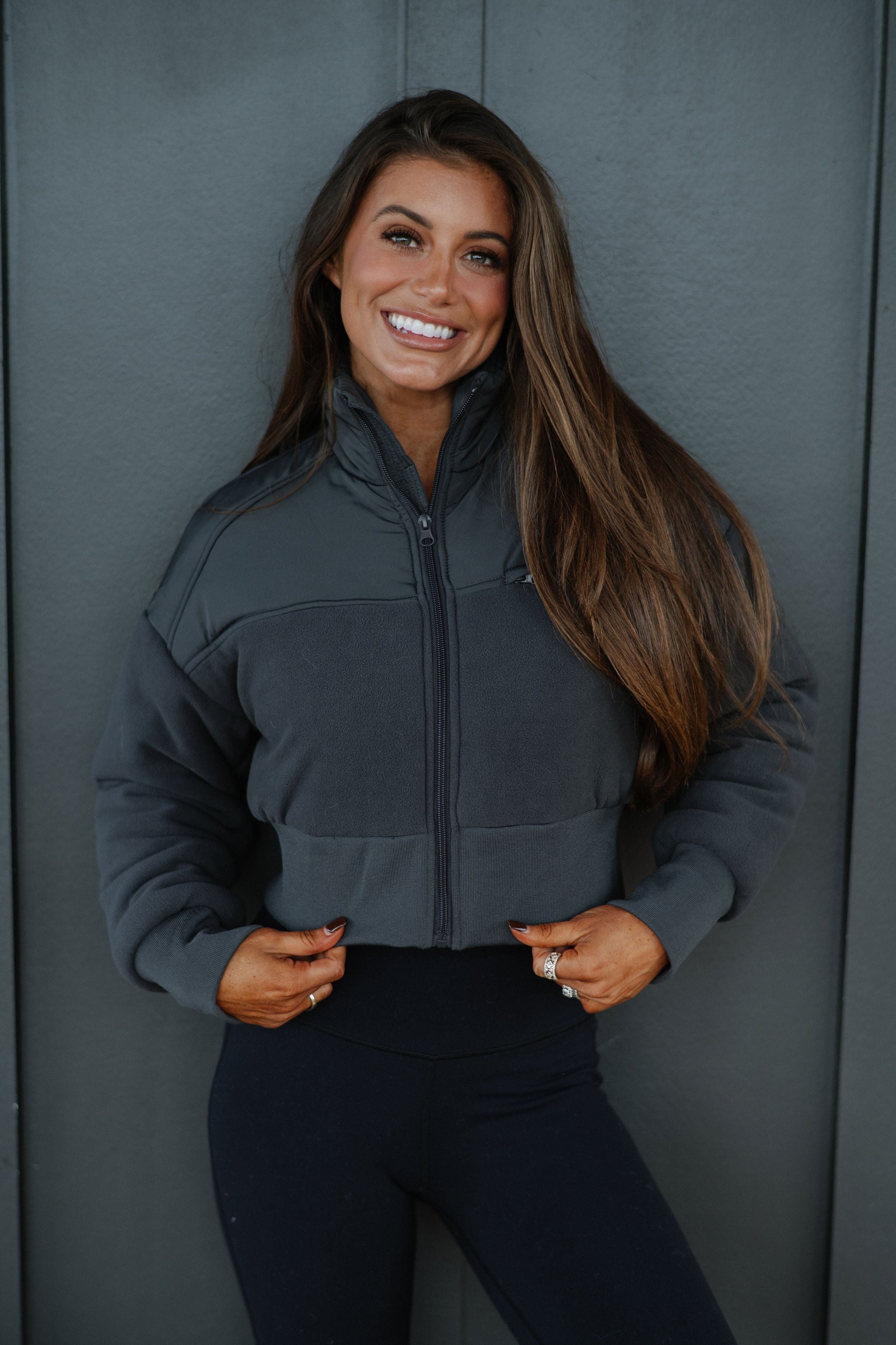 Fleece Cropped Jacket-Charcoal