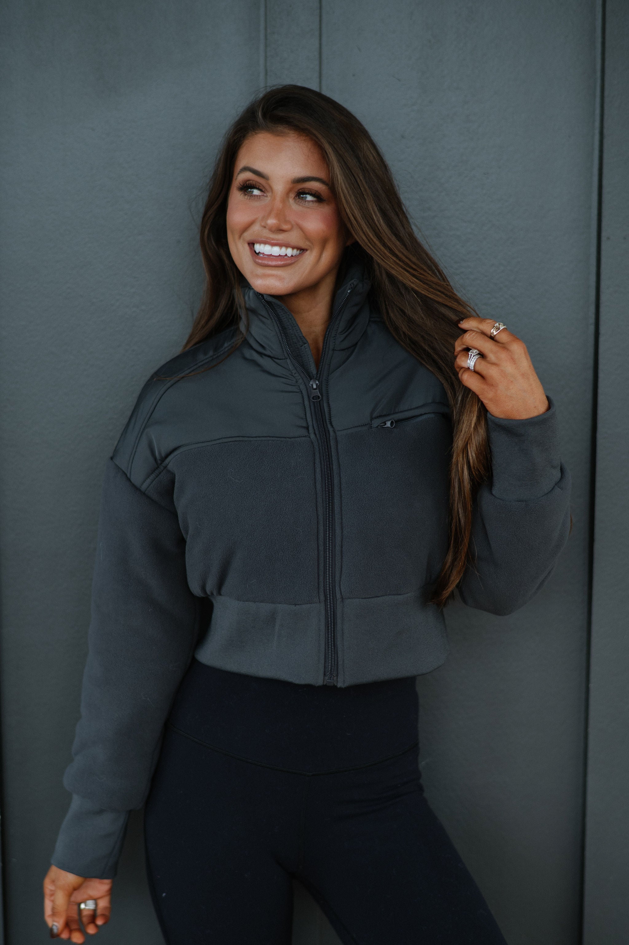 Fleece Cropped Jacket-Charcoal