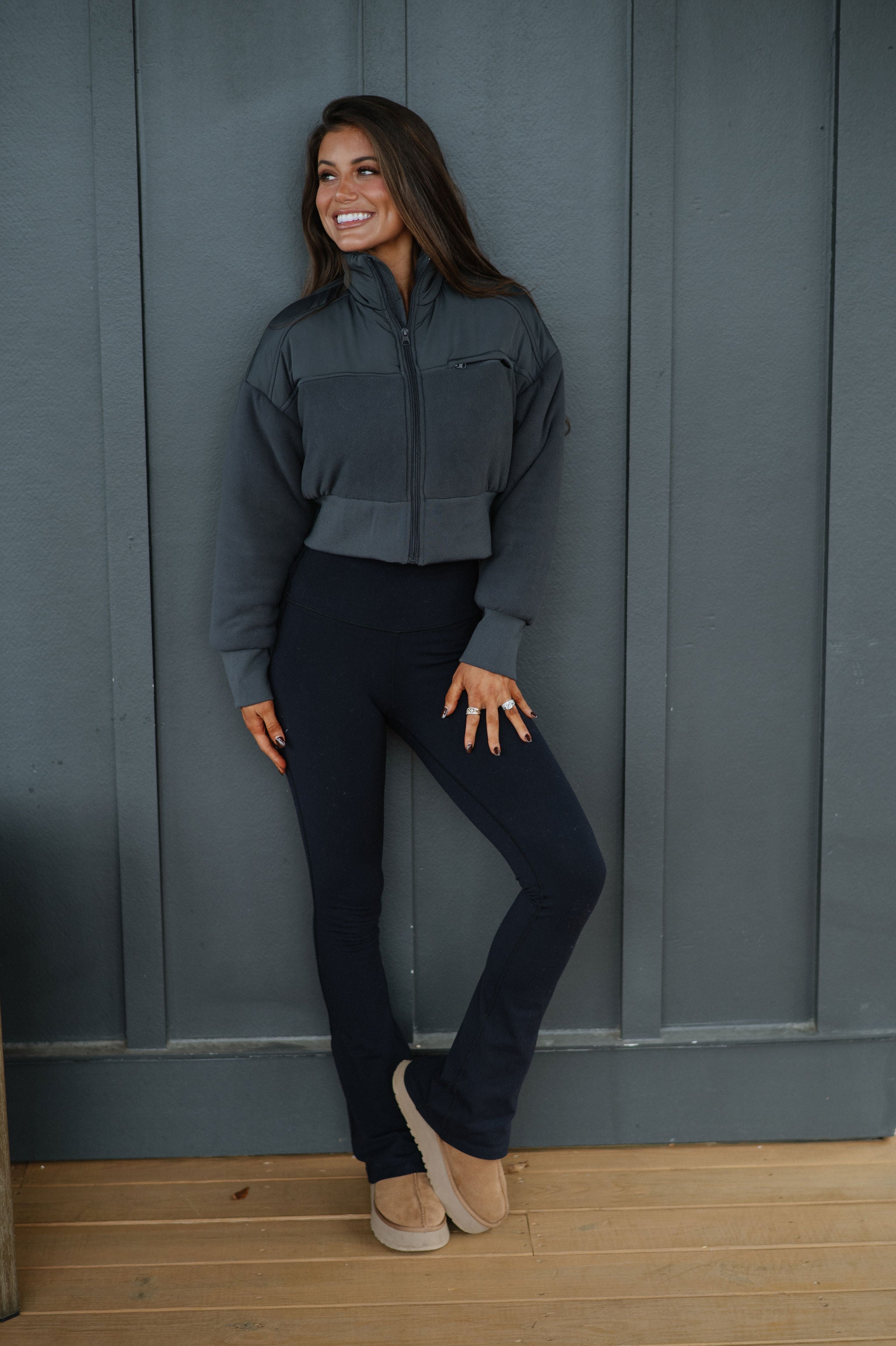 Fleece Cropped Jacket-Charcoal