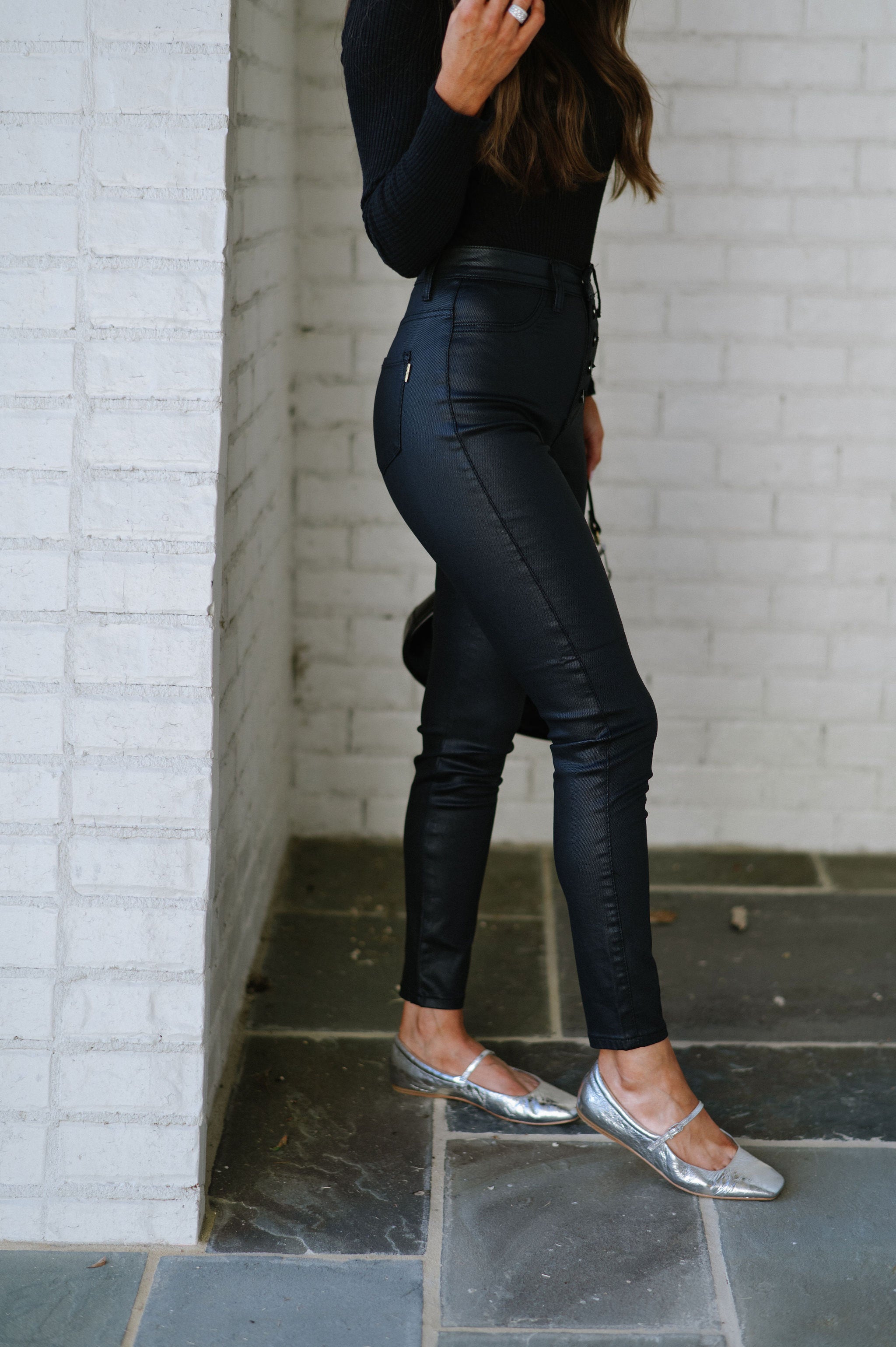 Marcie High Waisted Jeans-Coated Black