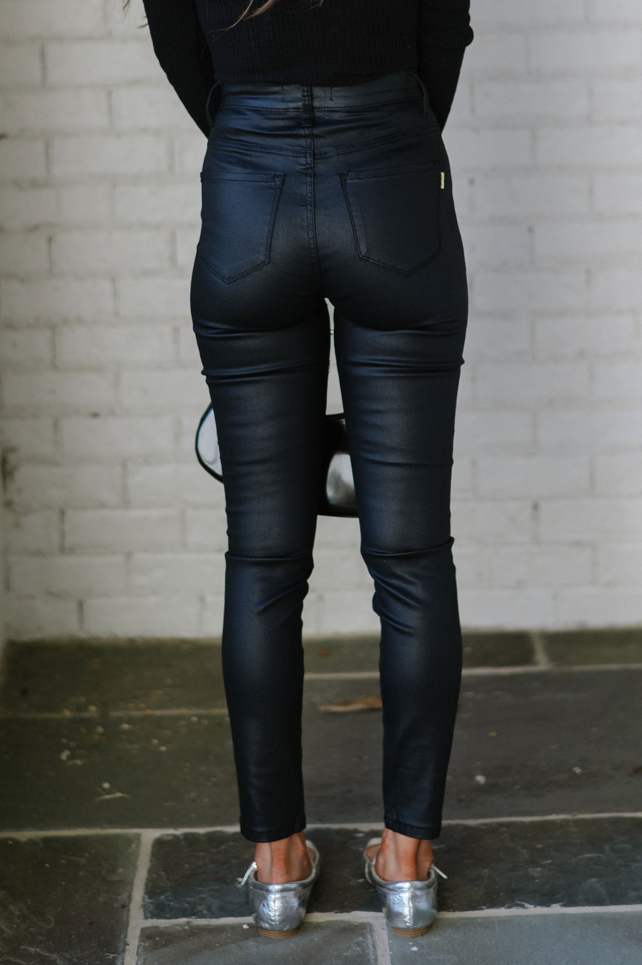 Marcie High Waisted Jeans-Coated Black