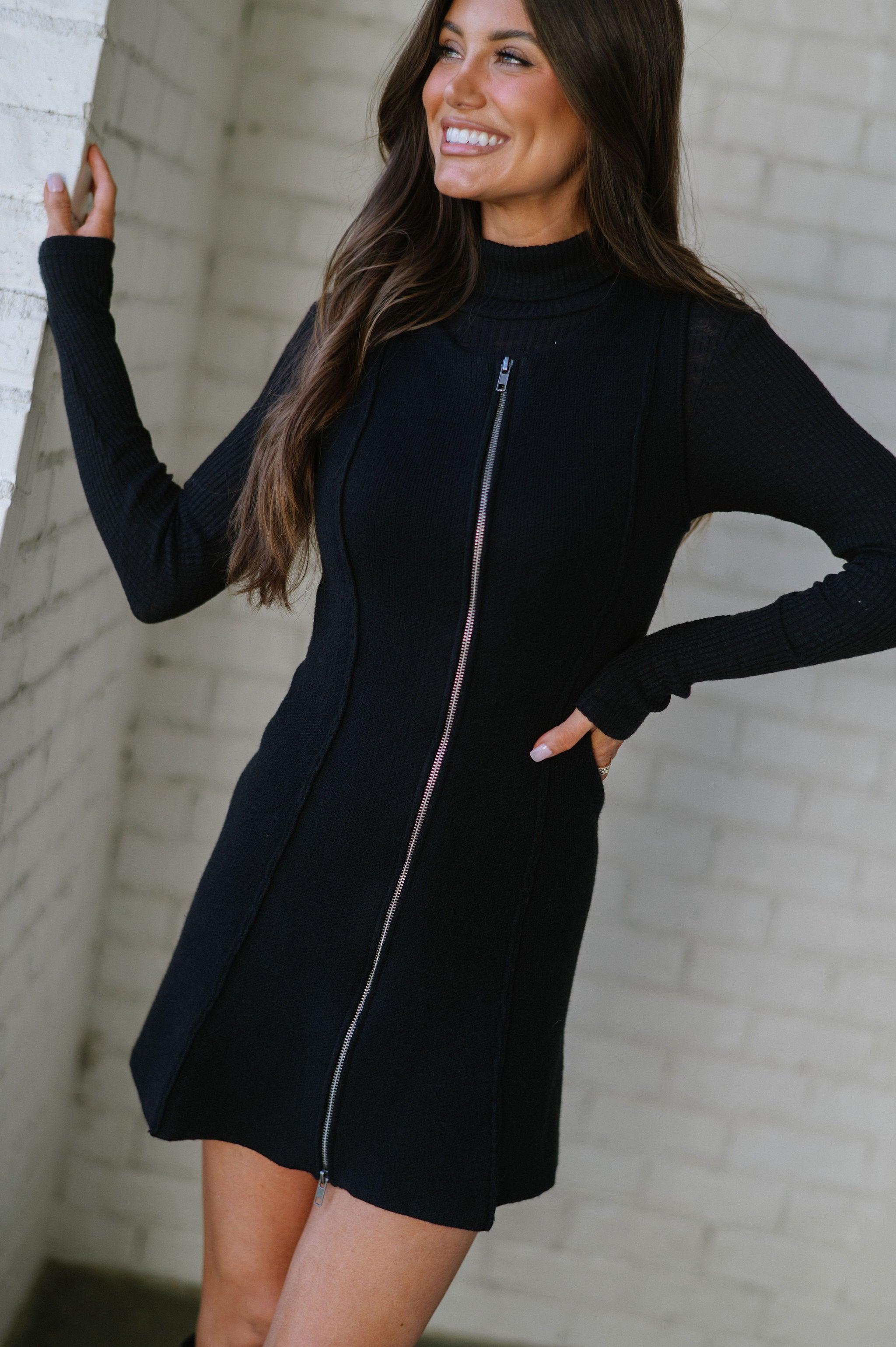 Zip Up Knit Dress-Black