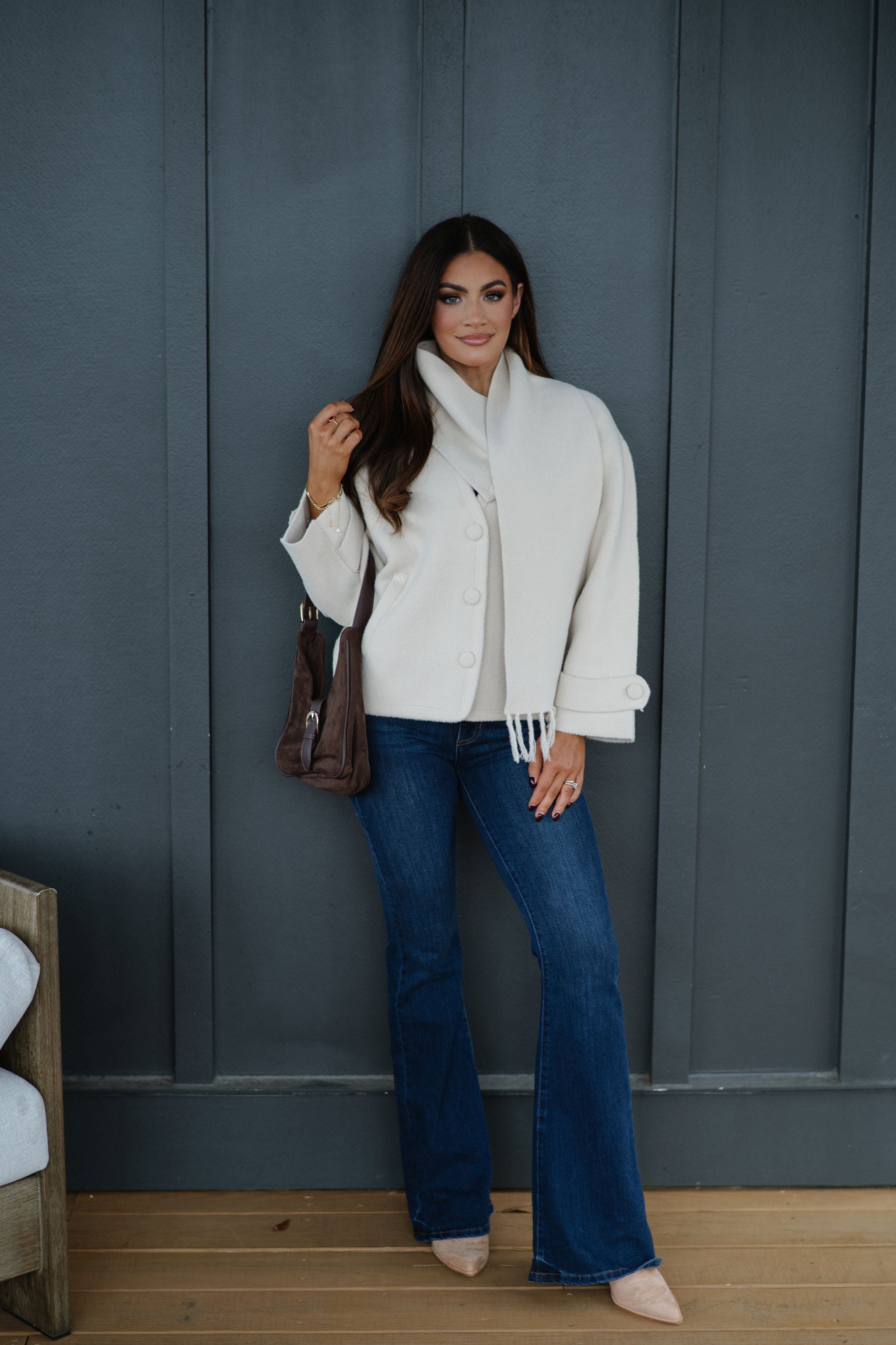 Scarf V-Neck Double Sided Jacket-Beige