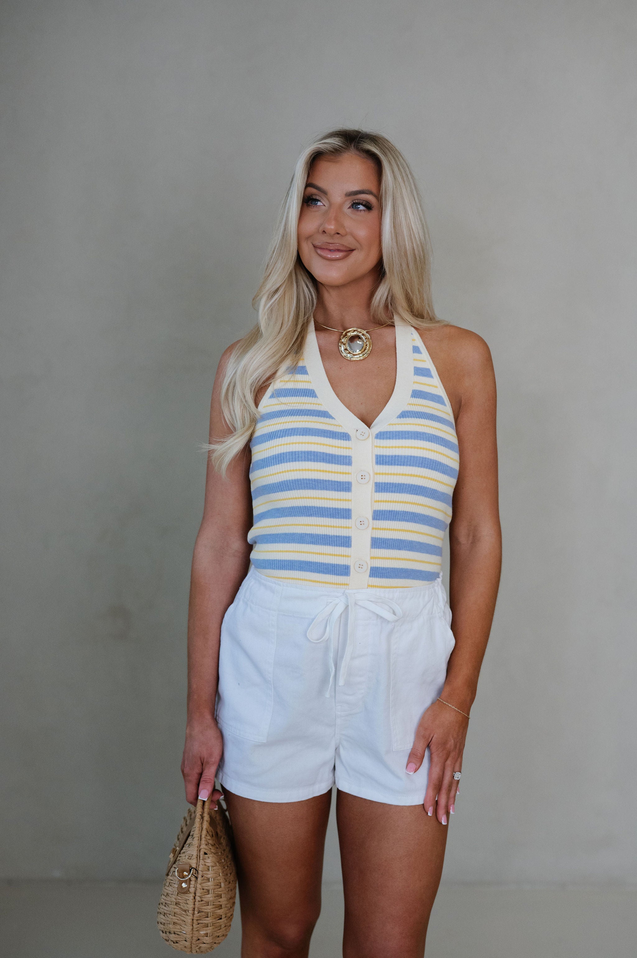 Mallory Striped Halter Knit Top-Cream/Light Blue