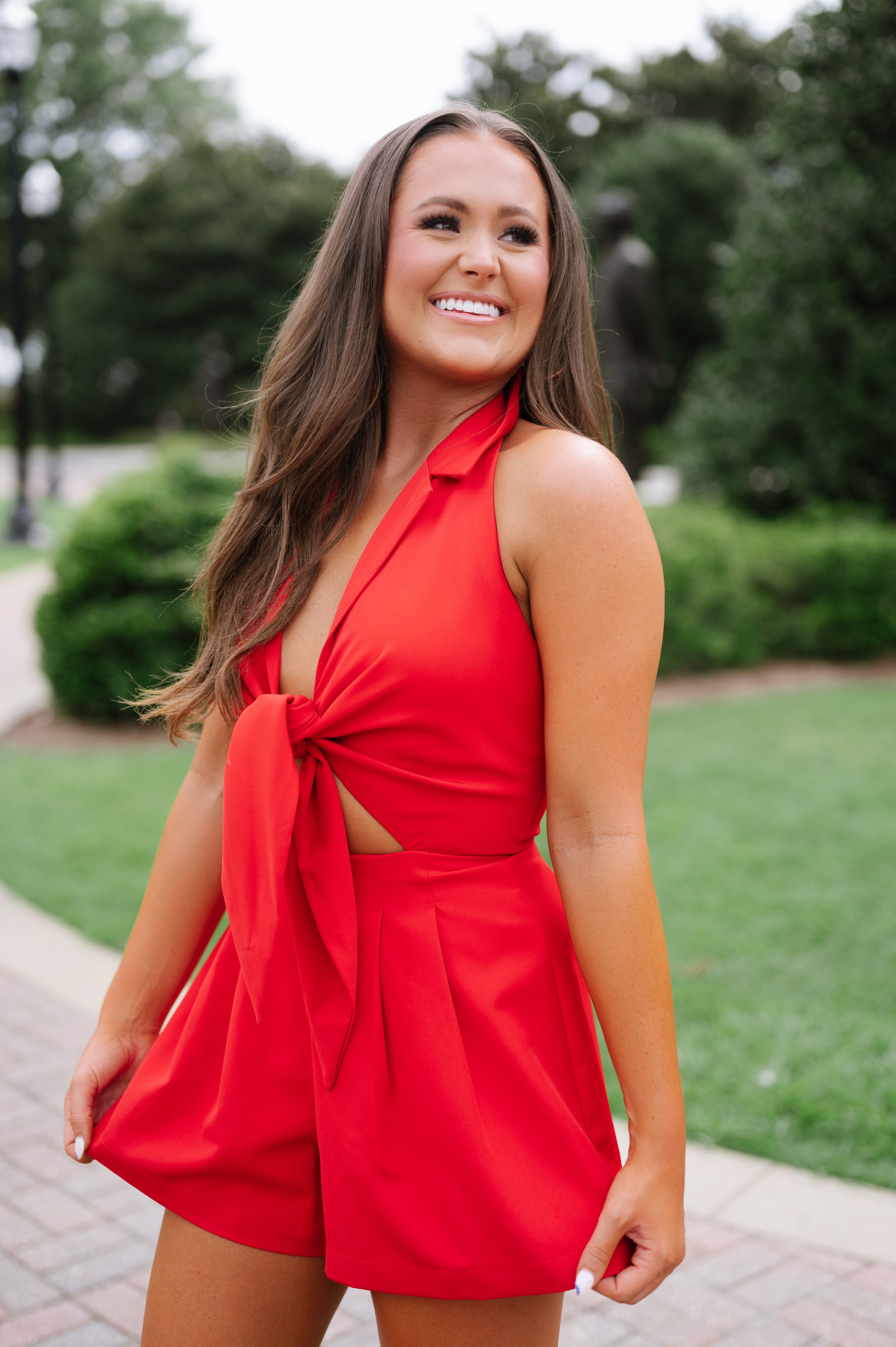 Halter Tie Front Playsuit-Red