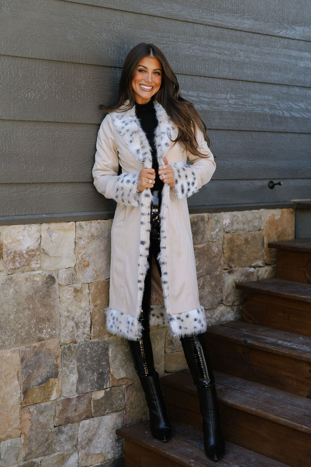 Leopard Fur Trim Suede Coat-Bone