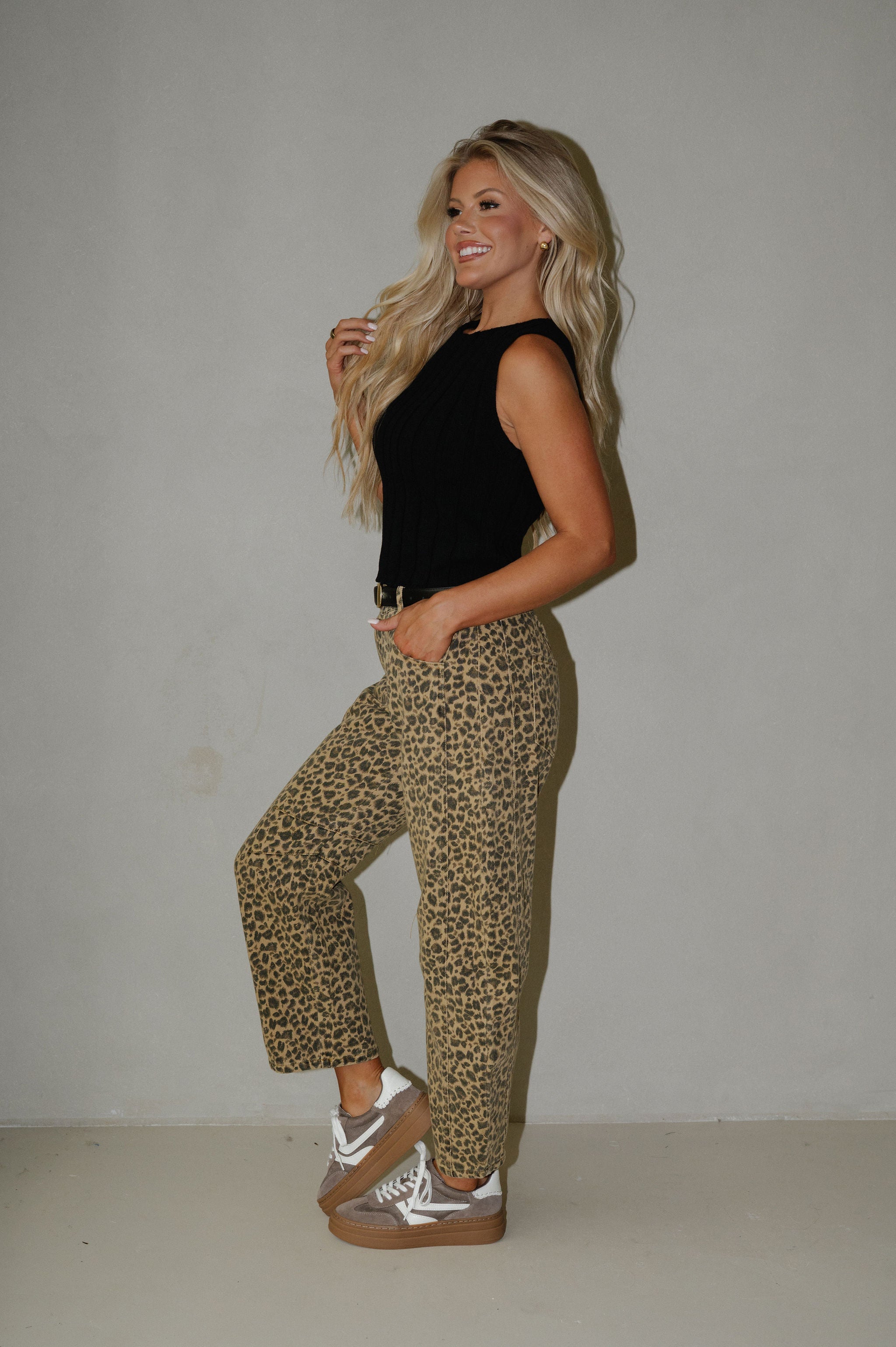 Mid Rise Barrel Jeans-Leopard