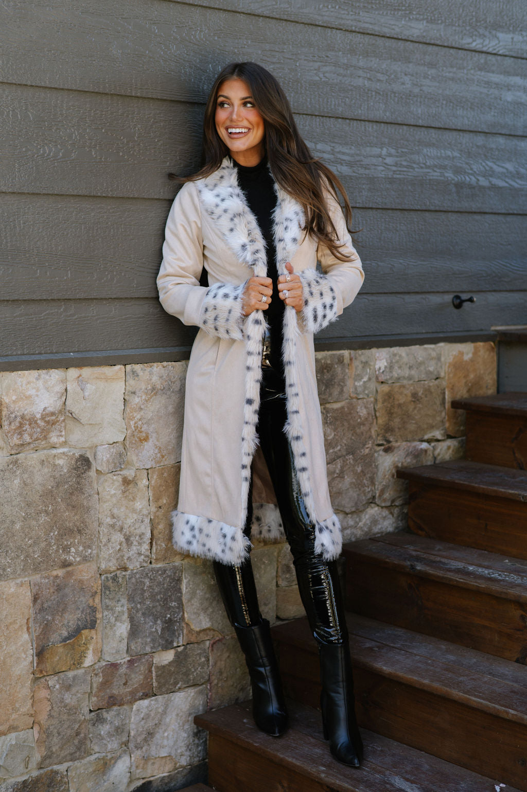 Leopard Fur Trim Suede Coat-Bone