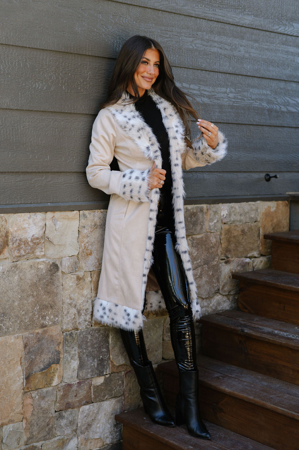 Leopard Fur Trim Suede Coat-Bone