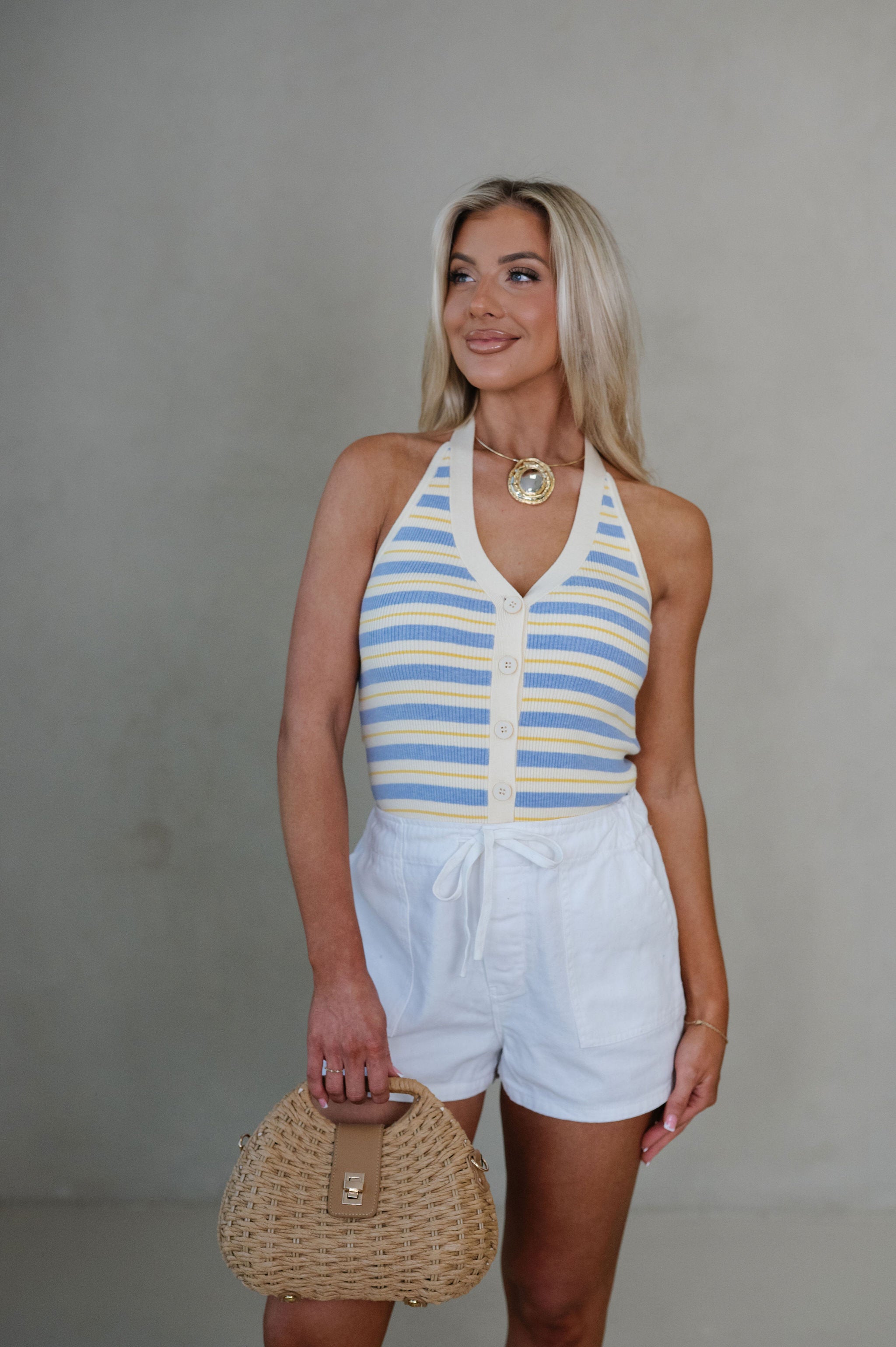 Mallory Striped Halter Knit Top-Cream/Light Blue