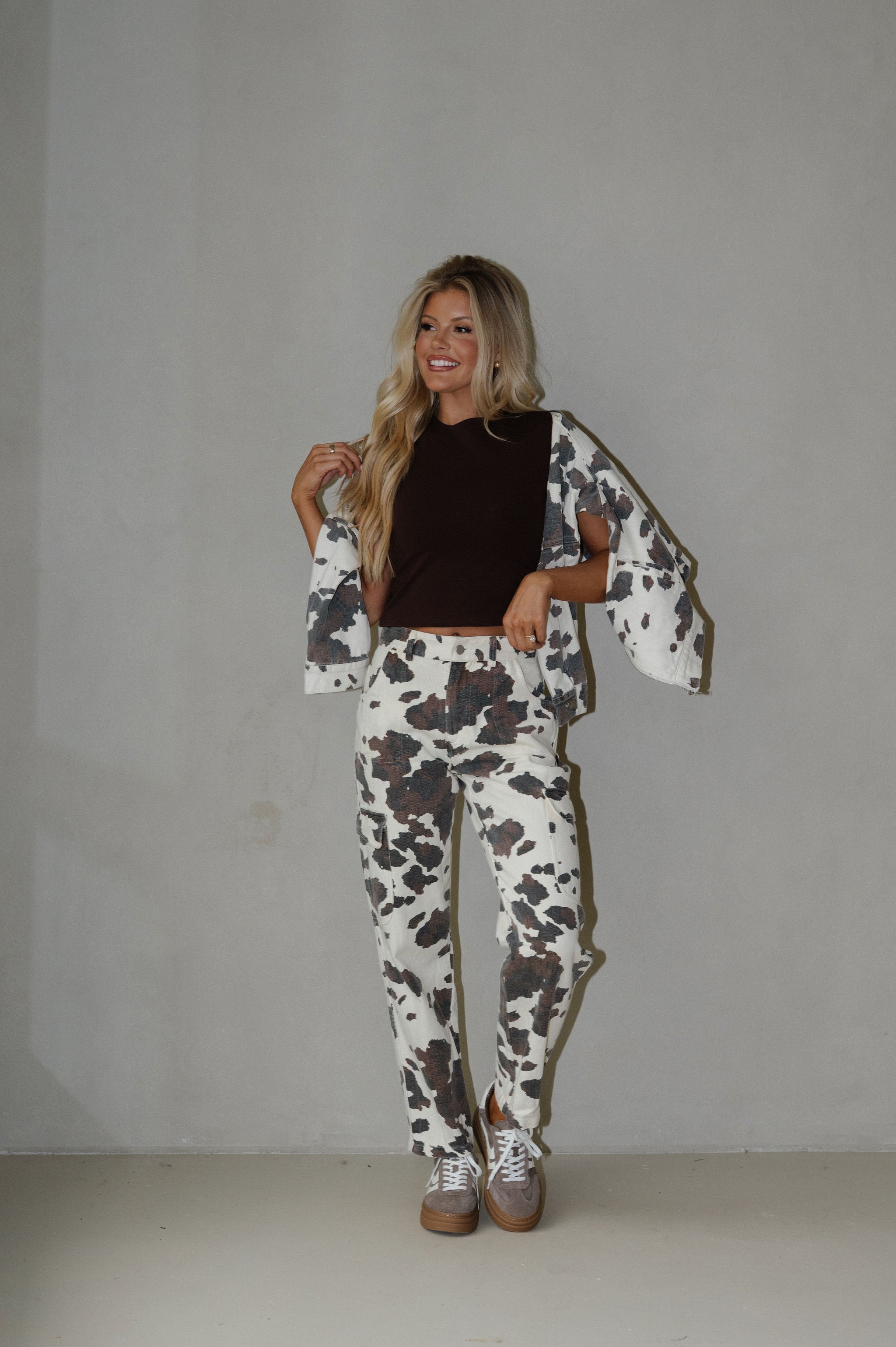 Cow Print Front Zip Up Cropped Jacket