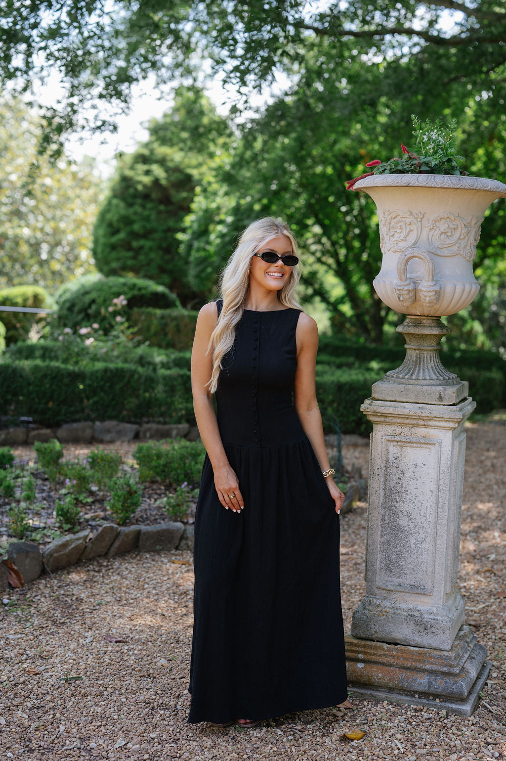 Drop Waist Linen Maxi Dress-Black