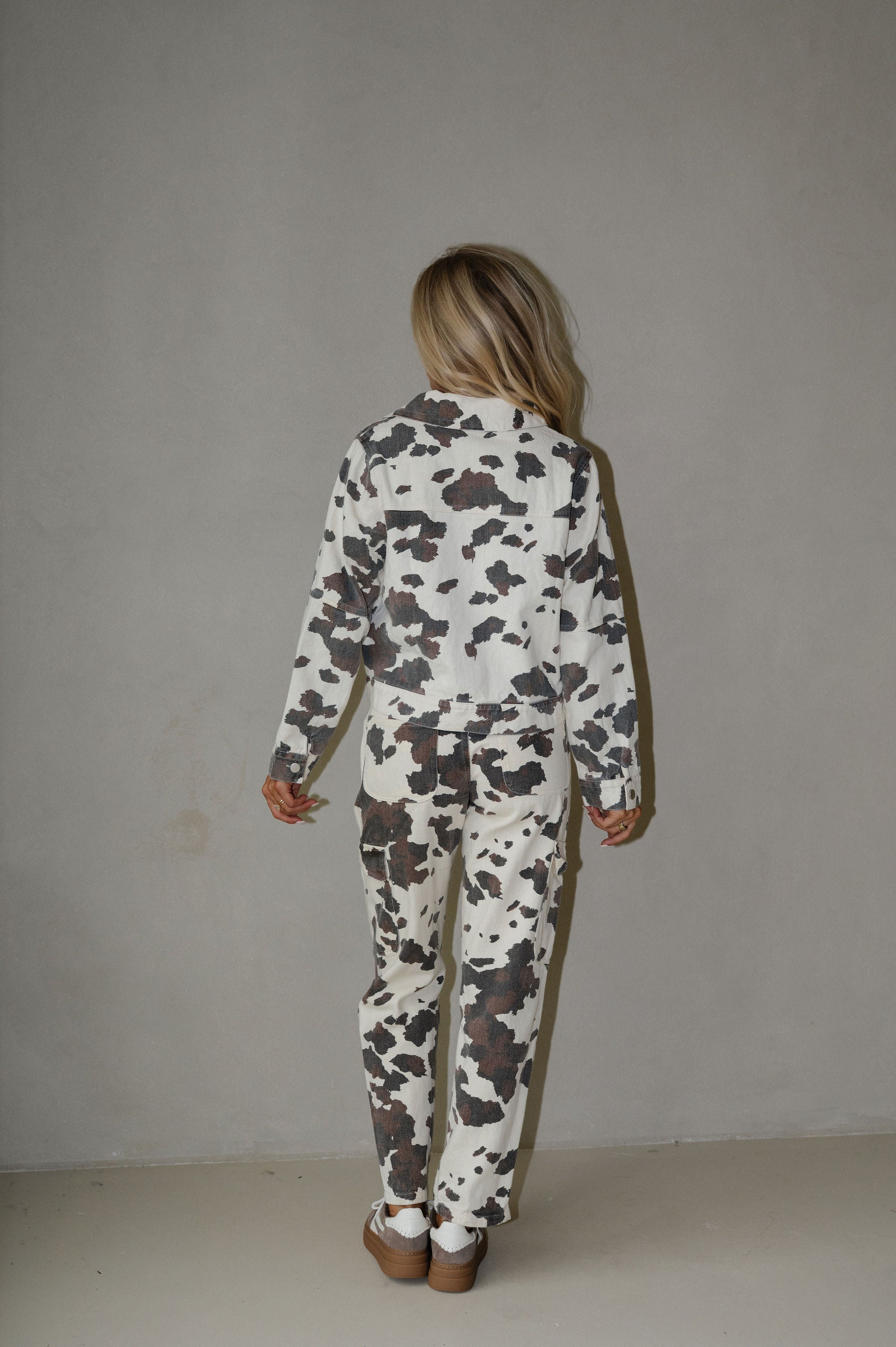 Cow Print Front Zip Up Cropped Jacket