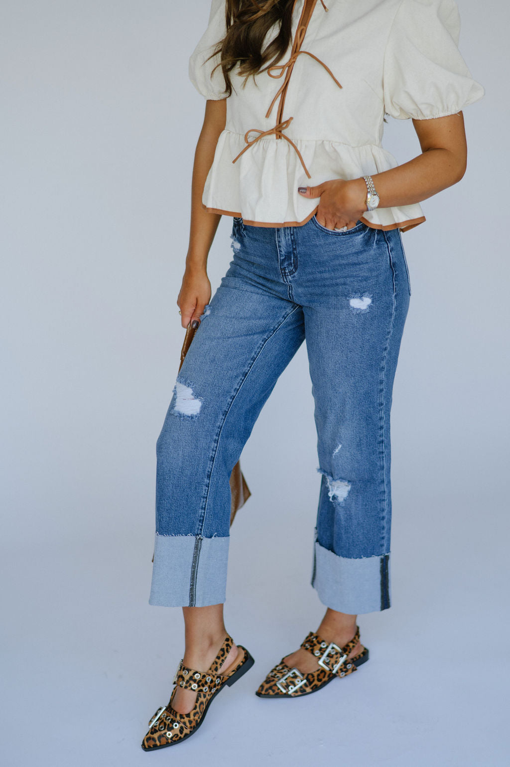 Gia Straight Leg Cuffed Jeans-Light Denim