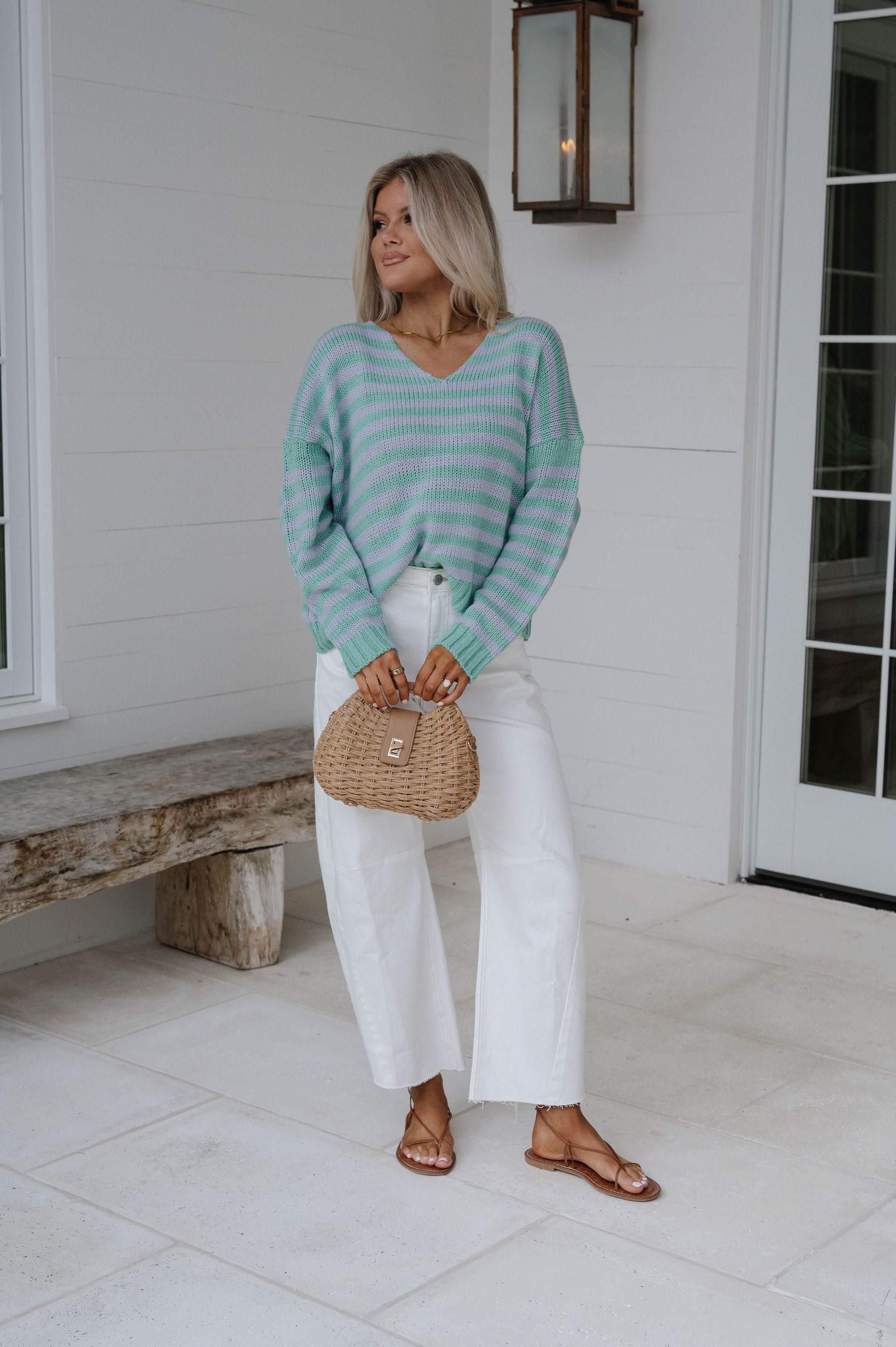 Striped Sweater Top-Mint/Light Blue