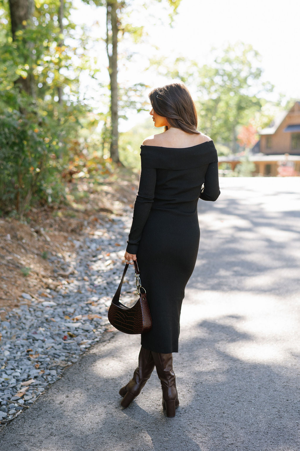 Brandon OTS Ribbed Midi Dress-Black