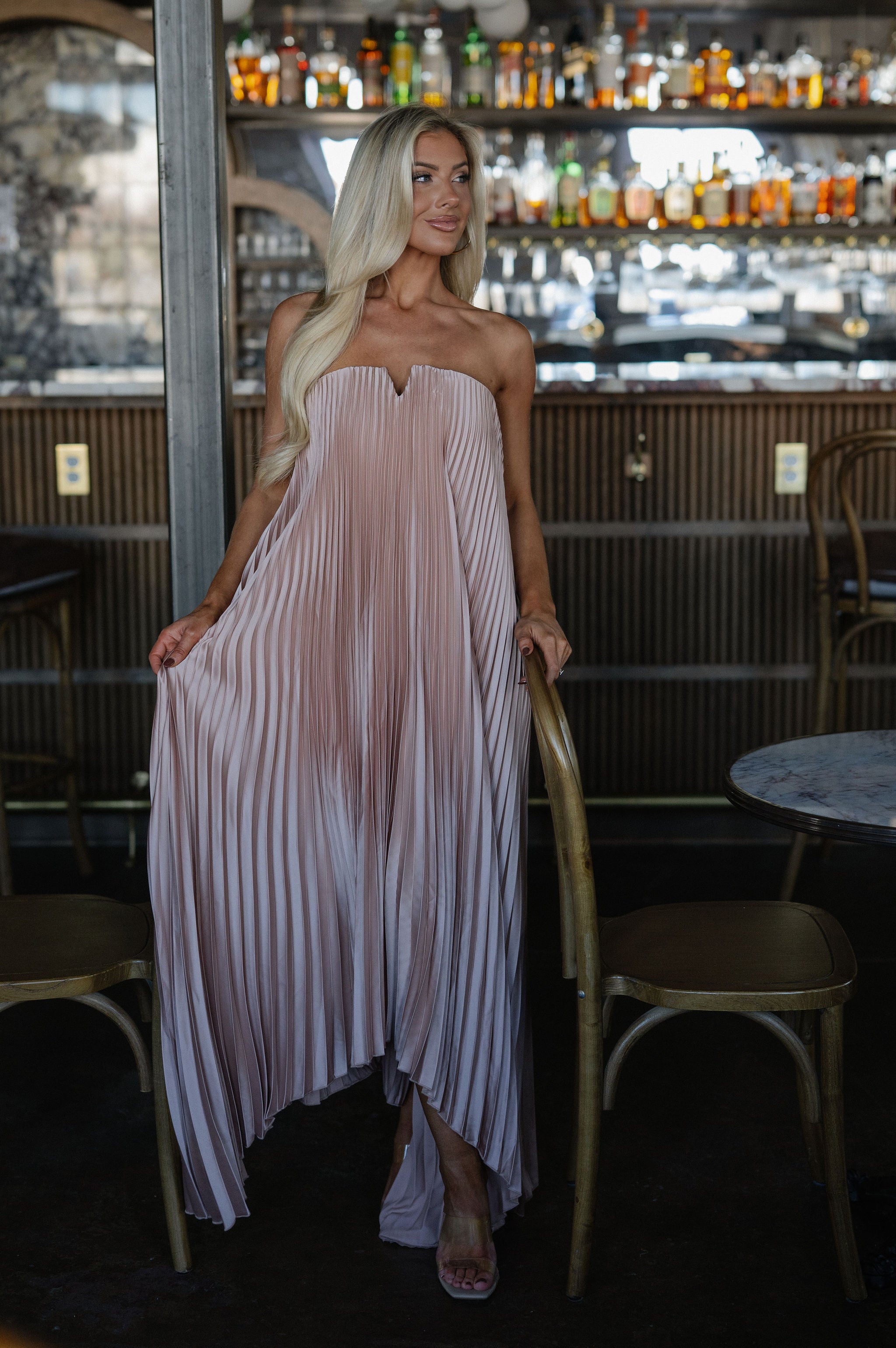 Madeline Pleated Dress-Oyster