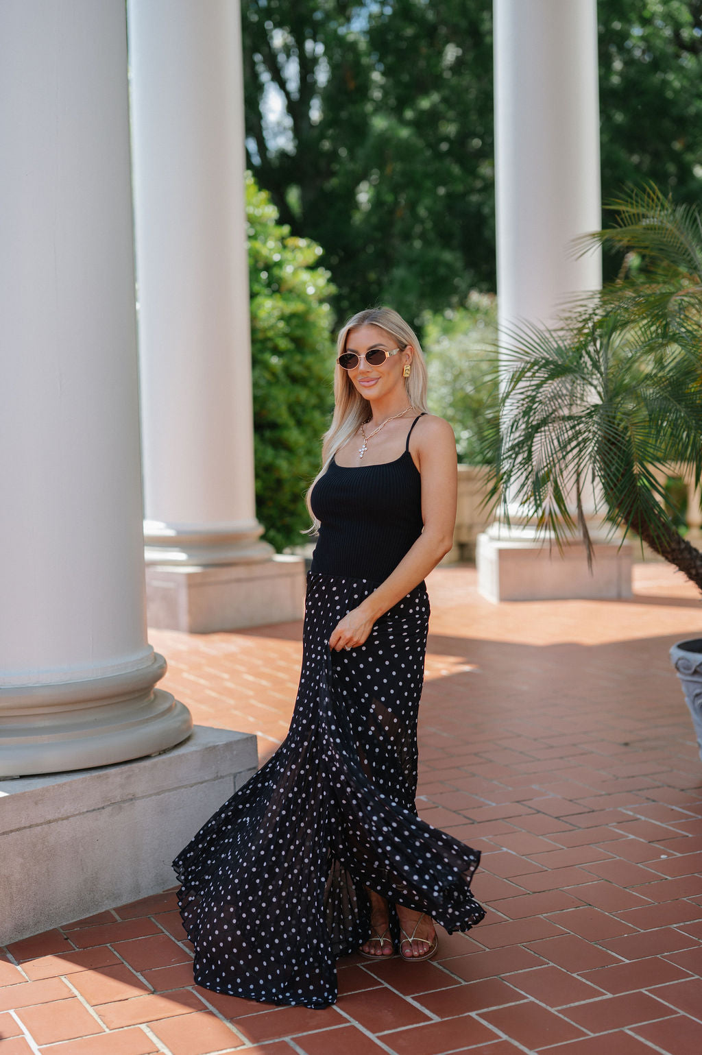 Open Back Polka Dot Maxi Dress-Black