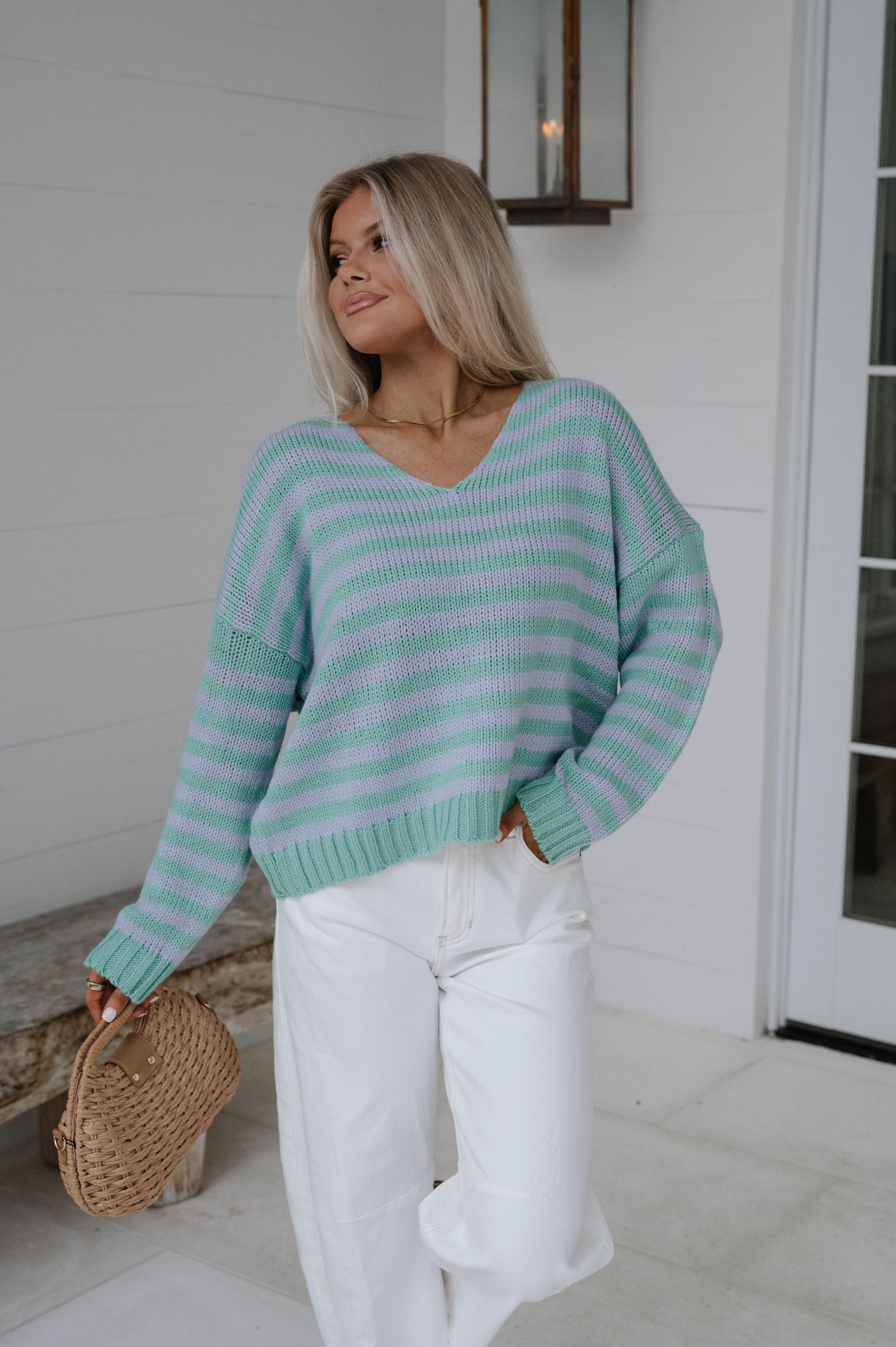 Striped Sweater Top-Mint/Light Blue