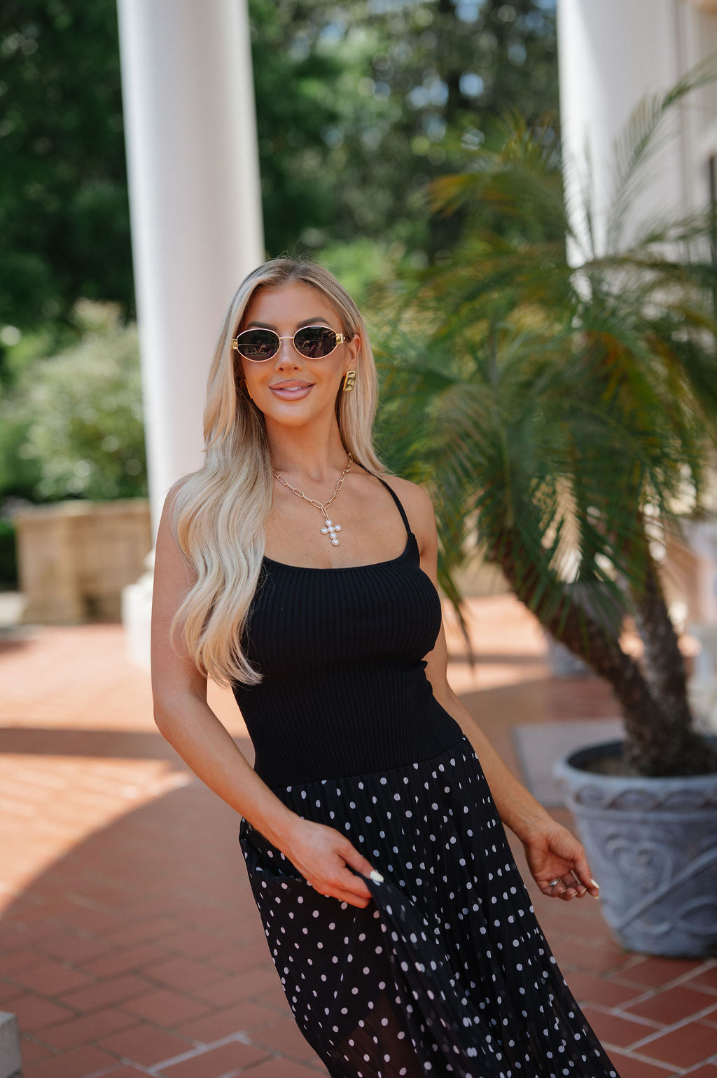 Open Back Polka Dot Maxi Dress-Black