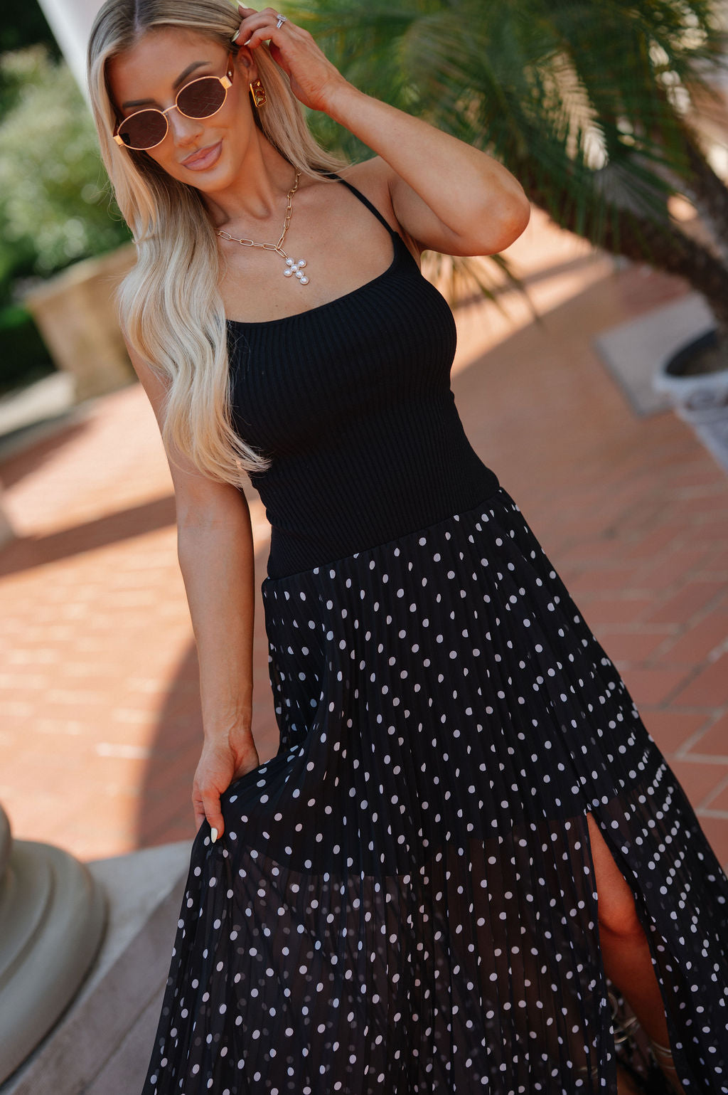 Open Back Polka Dot Maxi Dress-Black