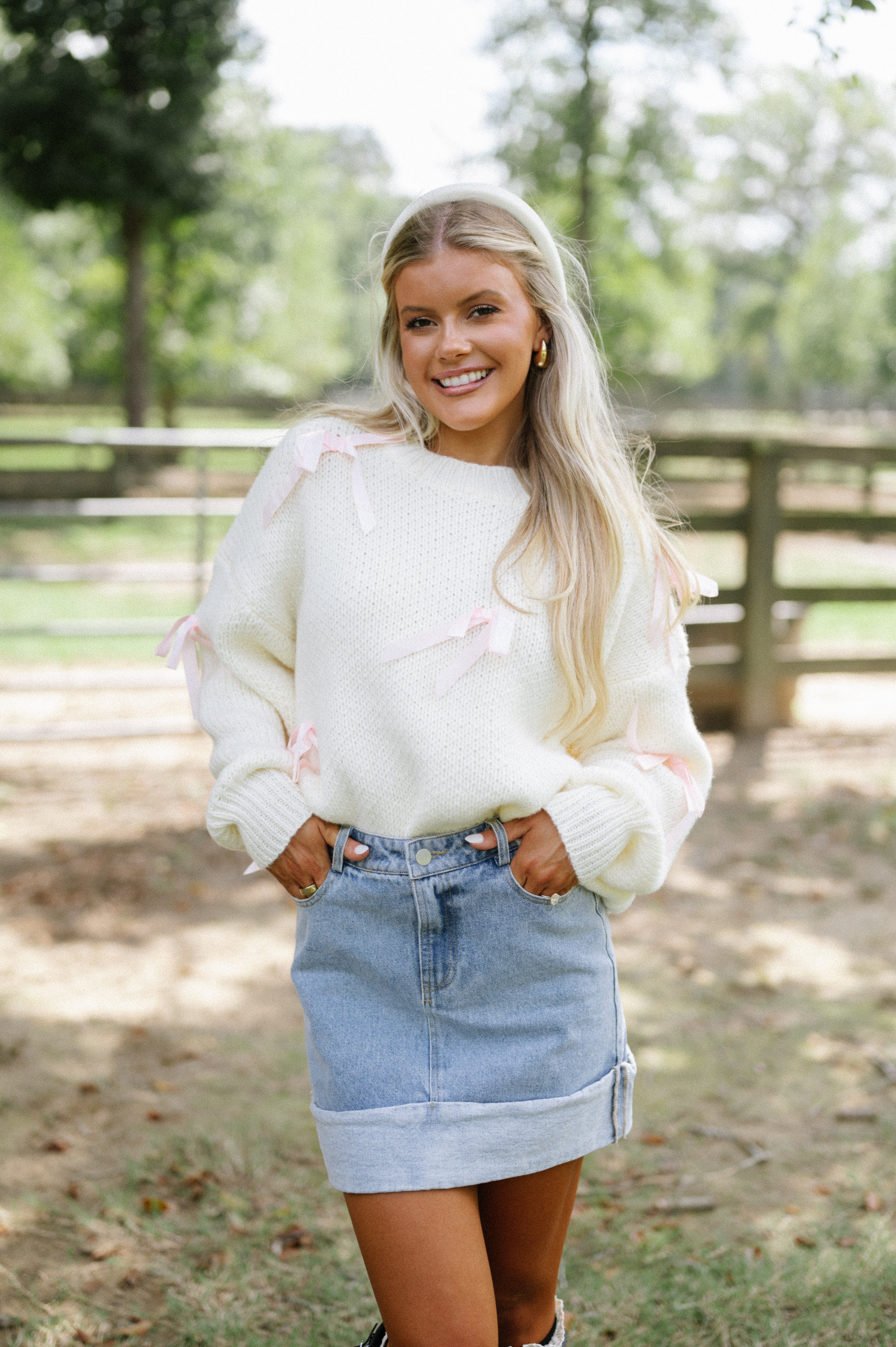 Satin Ribbon Pullover Sweater-Cream