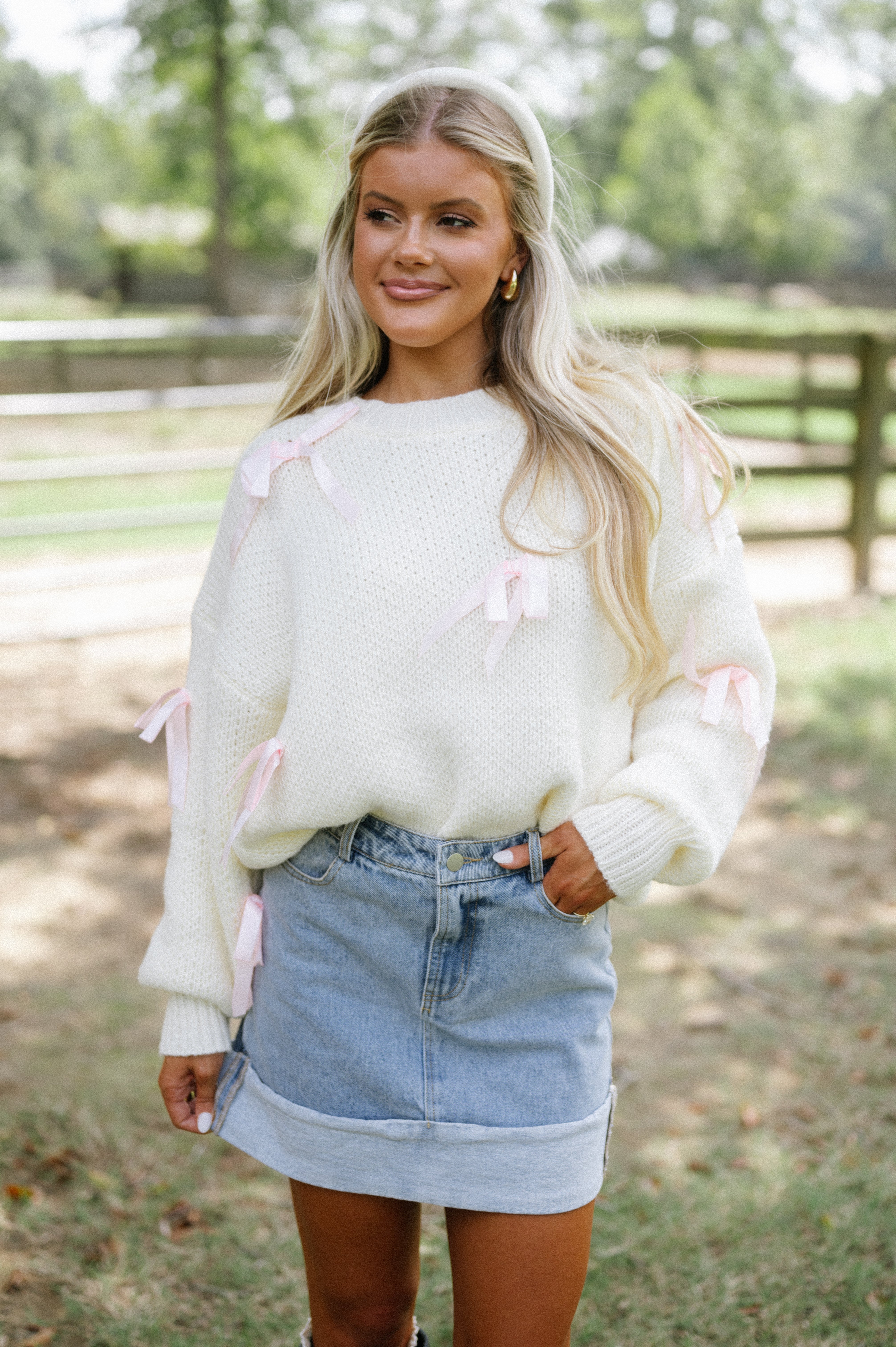 Satin Ribbon Pullover Sweater-Cream