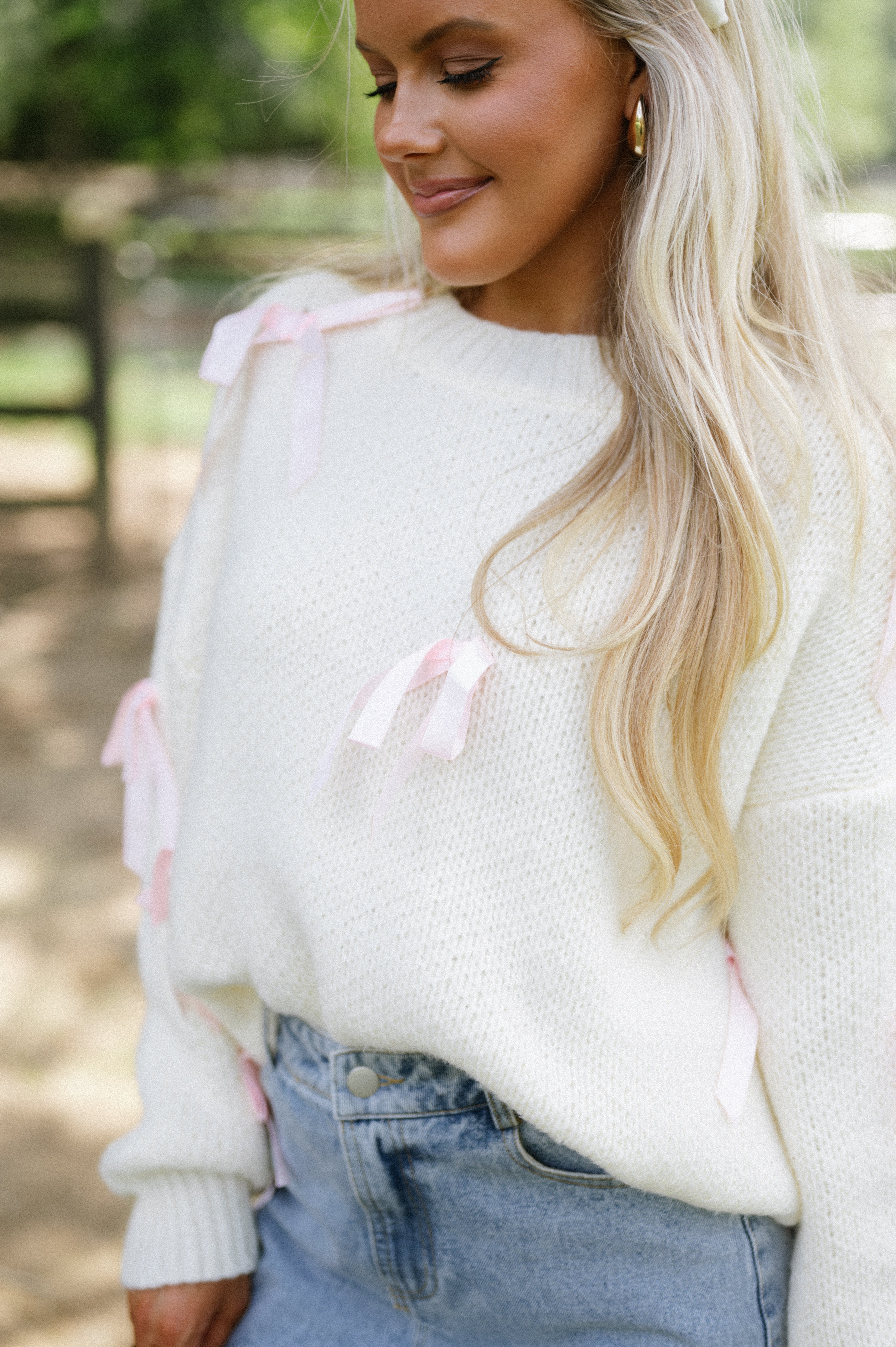 Satin Ribbon Pullover Sweater-Cream