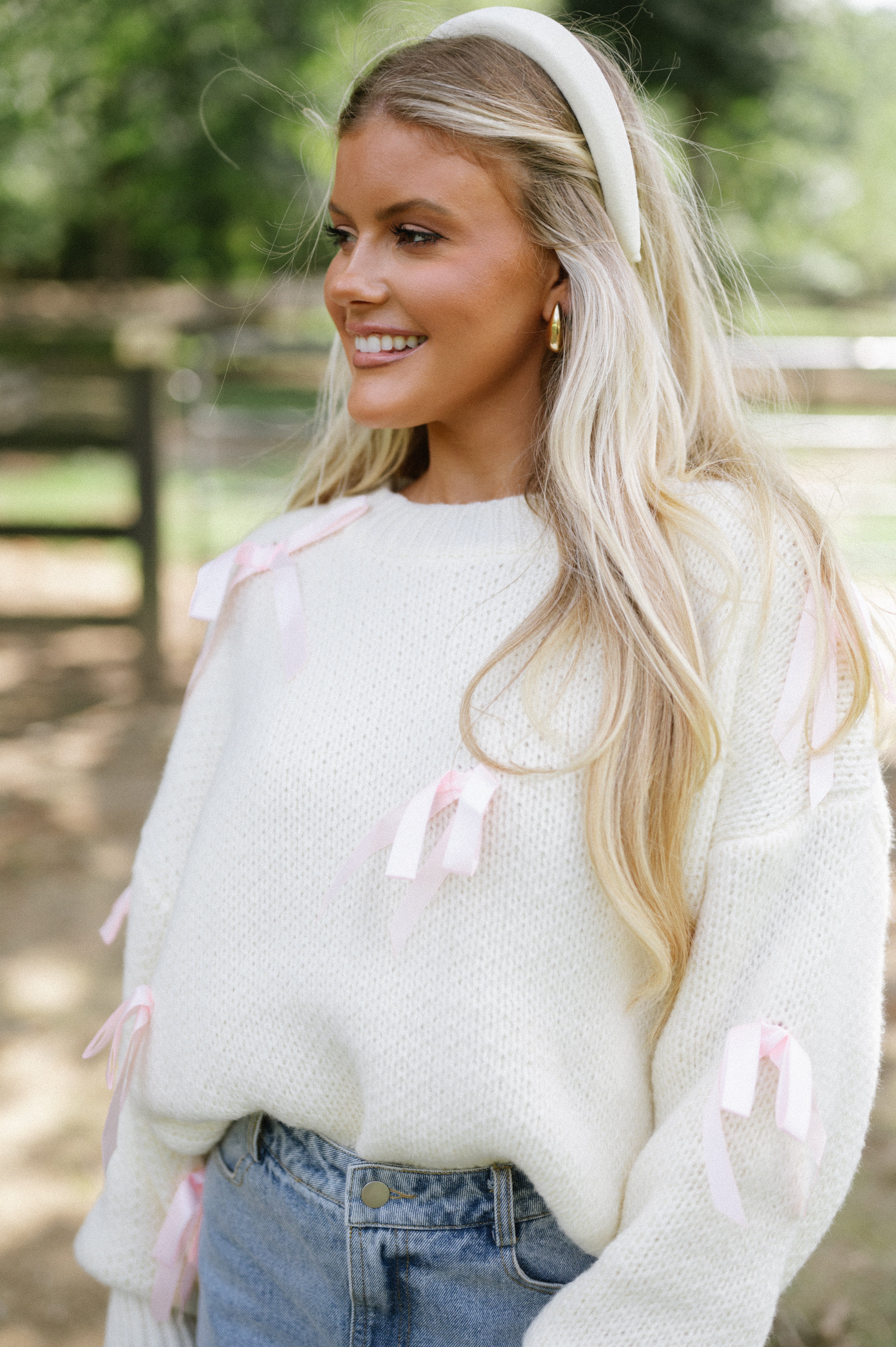 Satin Ribbon Pullover Sweater-Cream