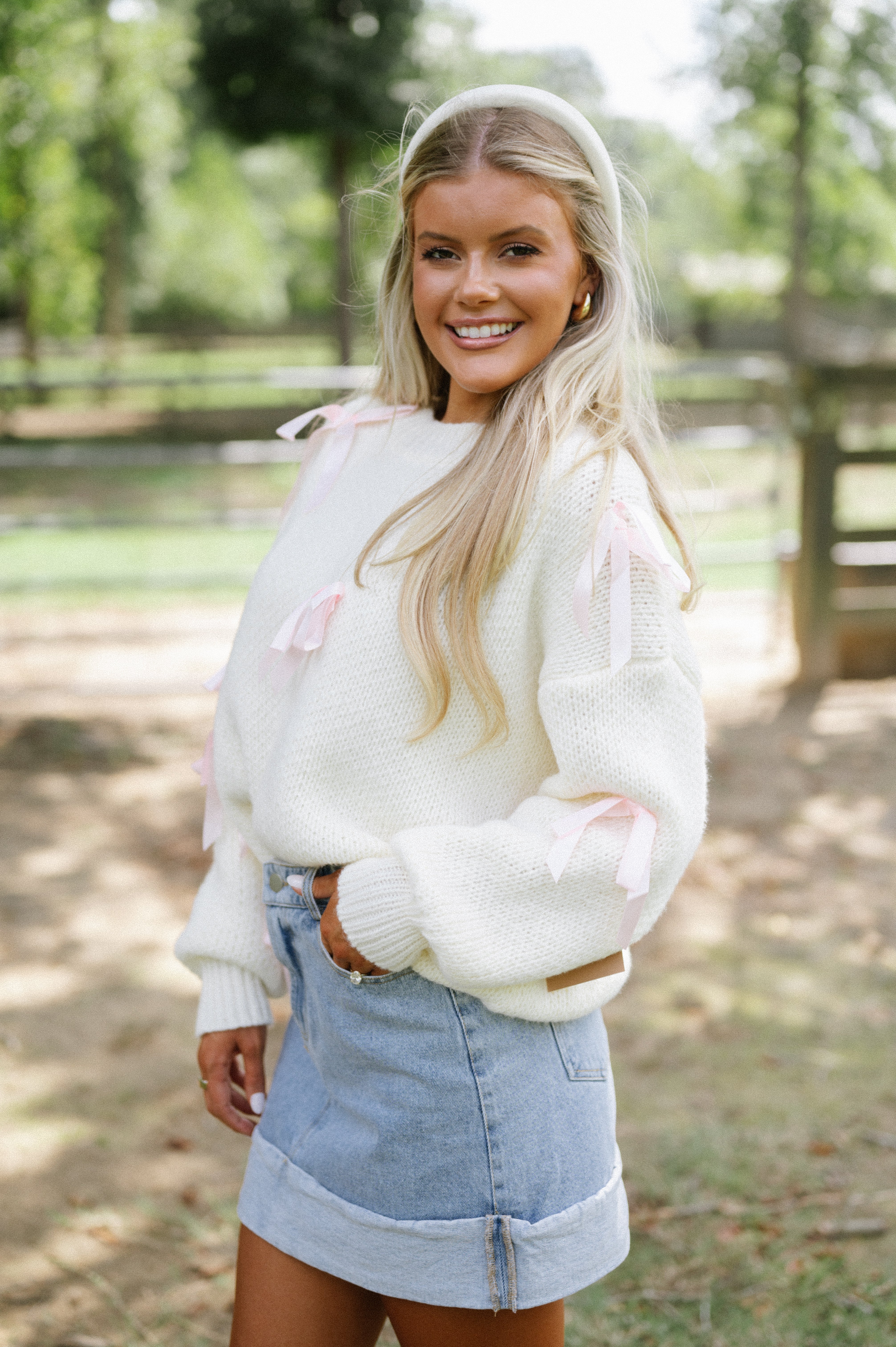 Satin Ribbon Pullover Sweater-Cream