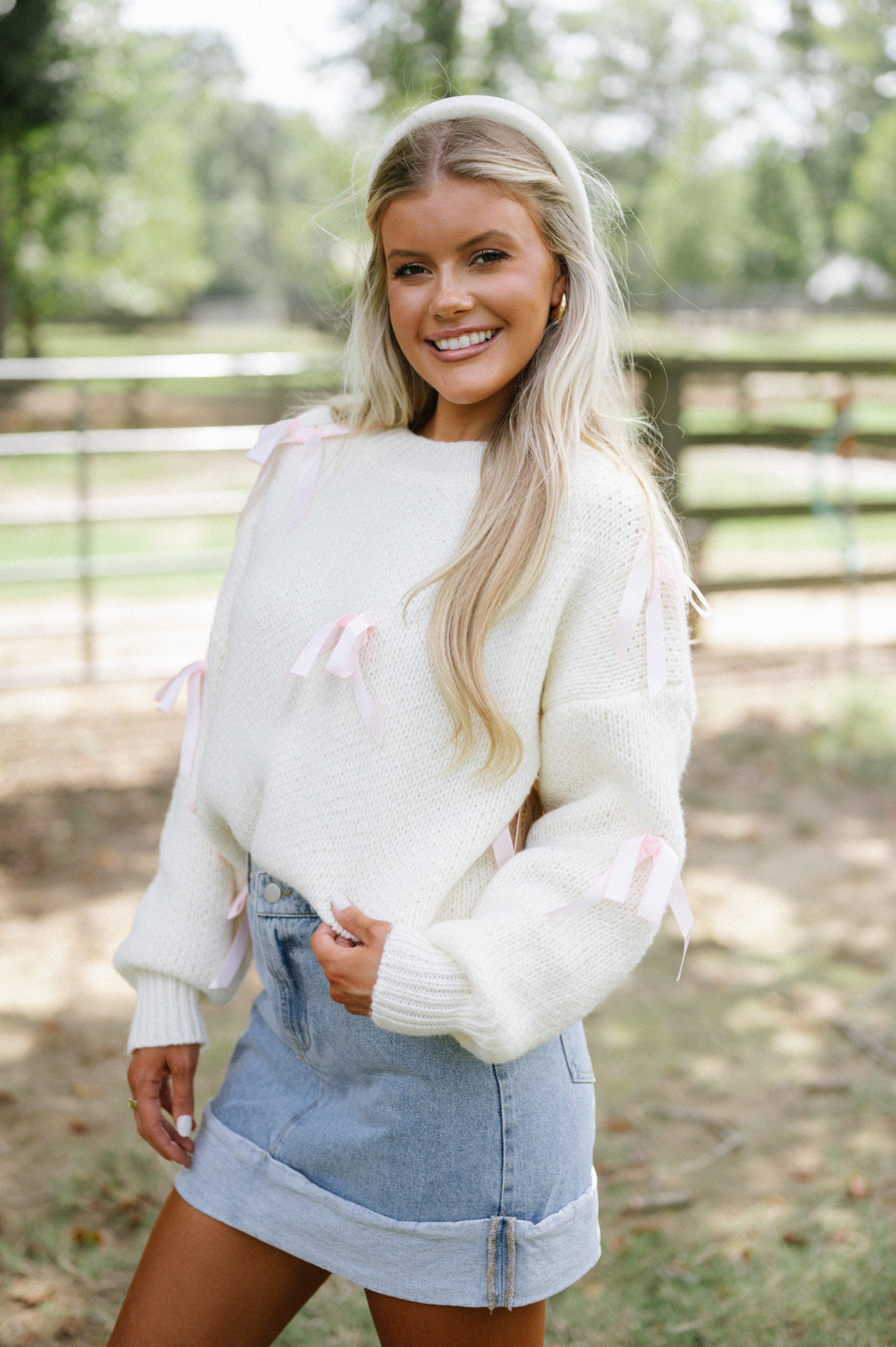 Satin Ribbon Pullover Sweater-Cream