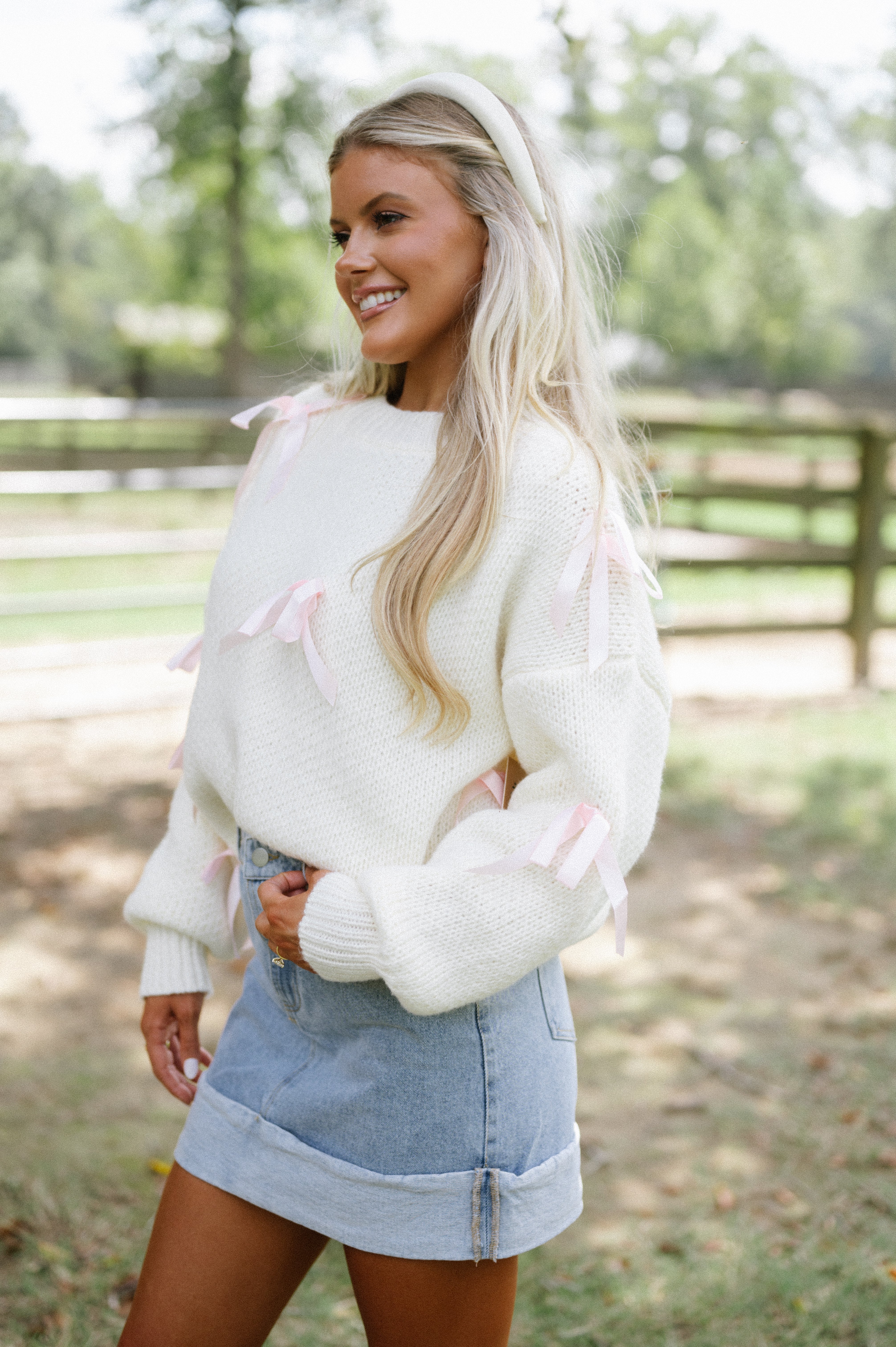 Satin Ribbon Pullover Sweater-Cream