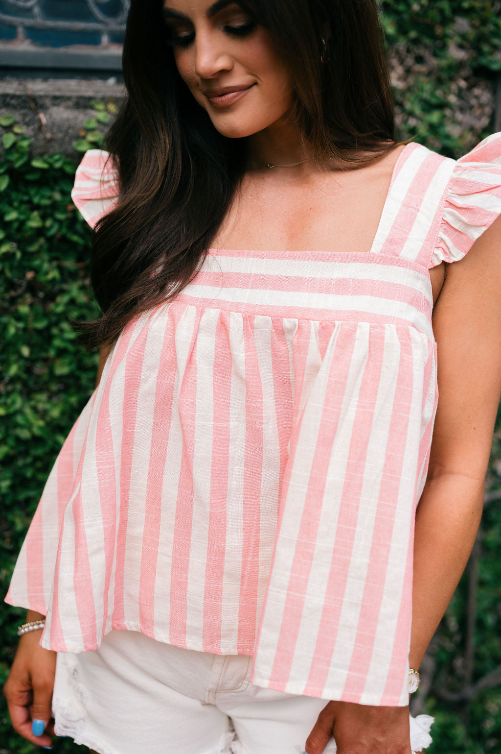 Striped Linen Ruffle Sleeve Top- Coral Pink