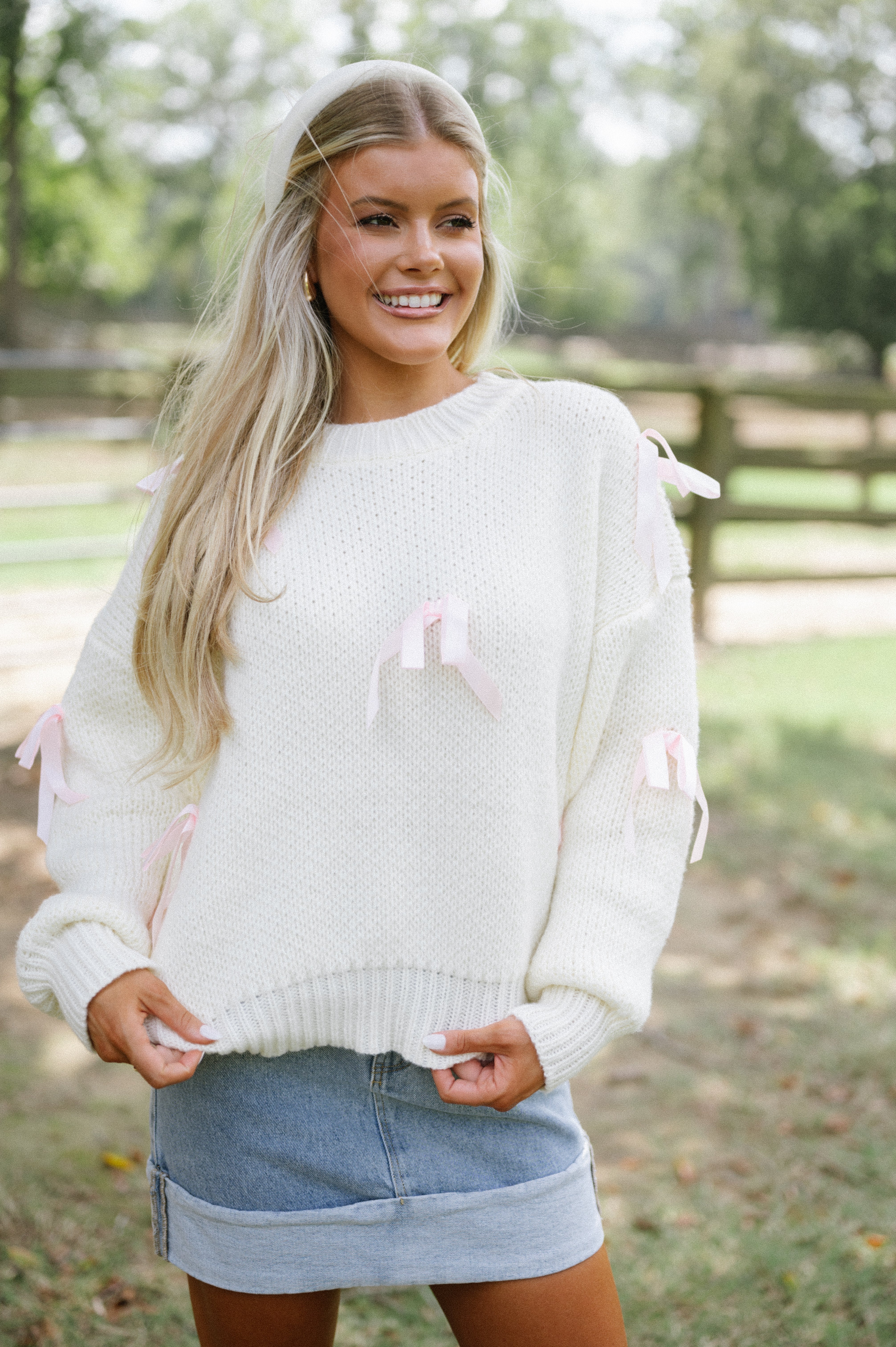 Satin Ribbon Pullover Sweater-Cream