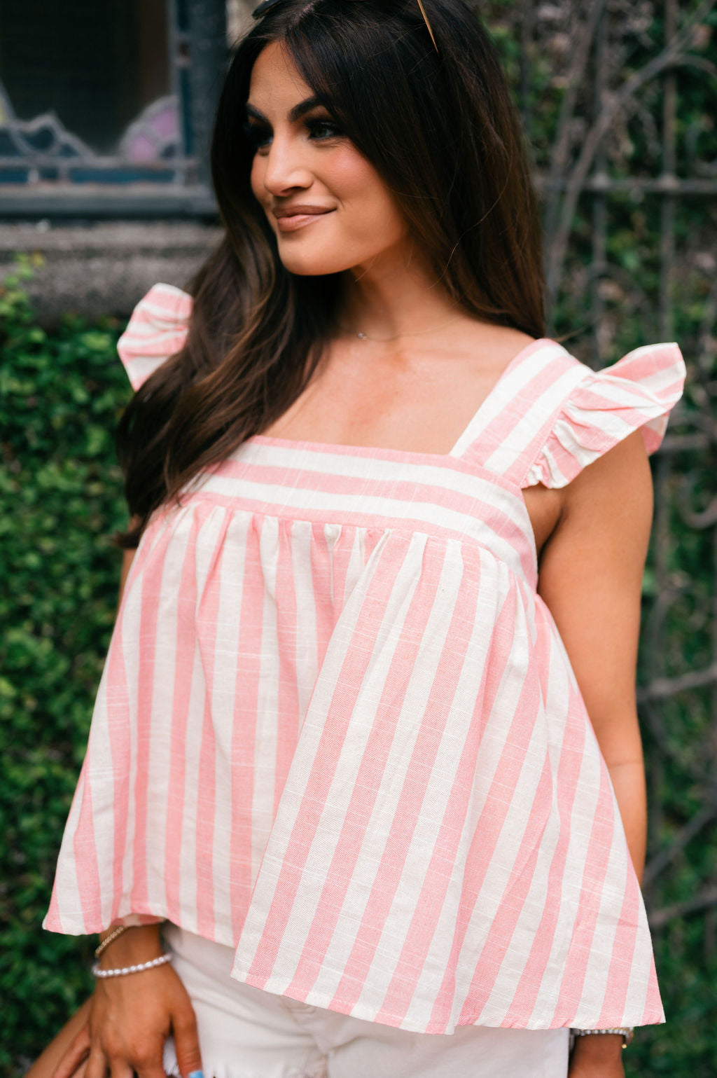 Striped Linen Ruffle Sleeve Top- Coral Pink
