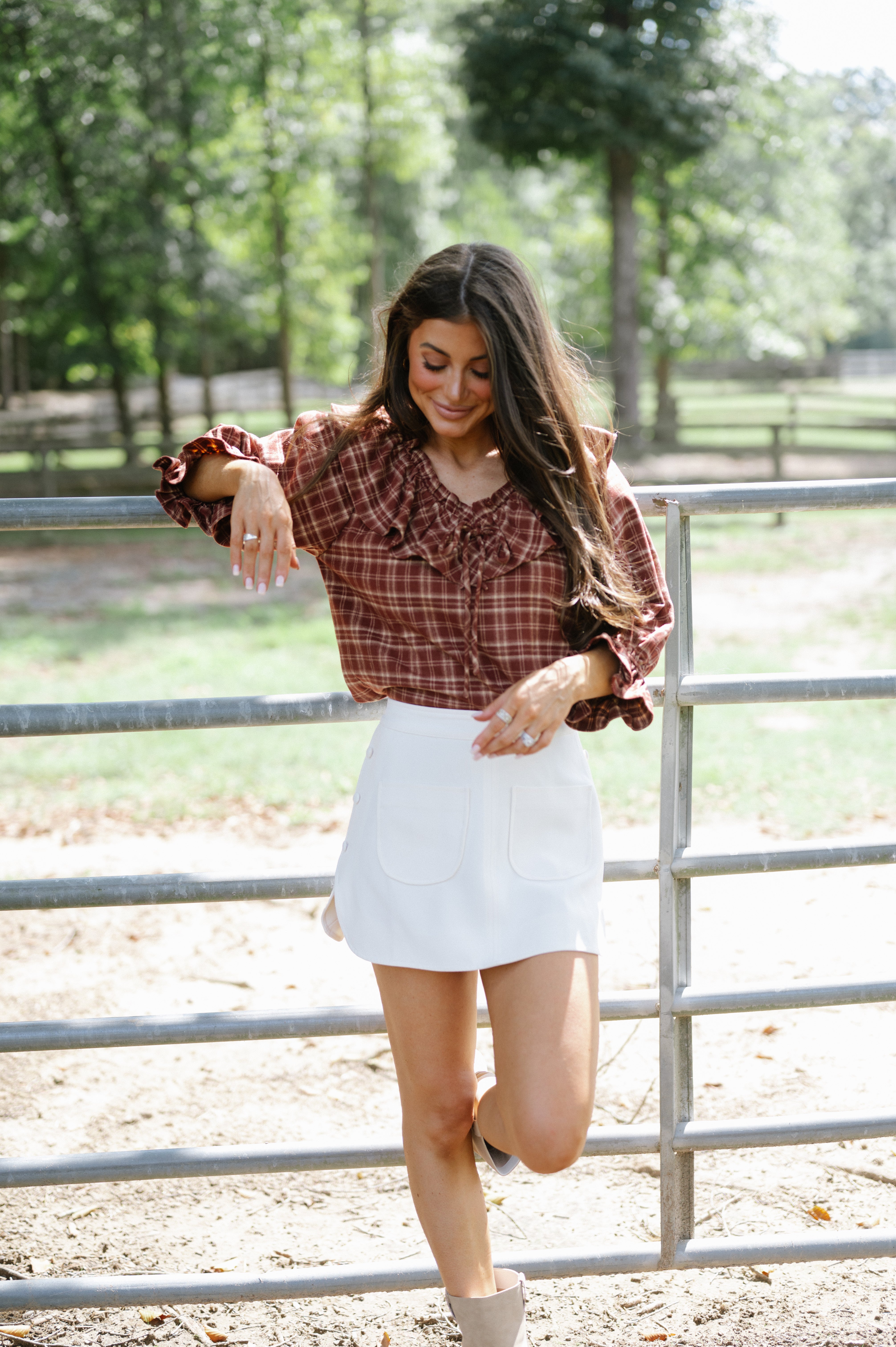 Plaid Ruffle Collar Blouse-Burnt Brick