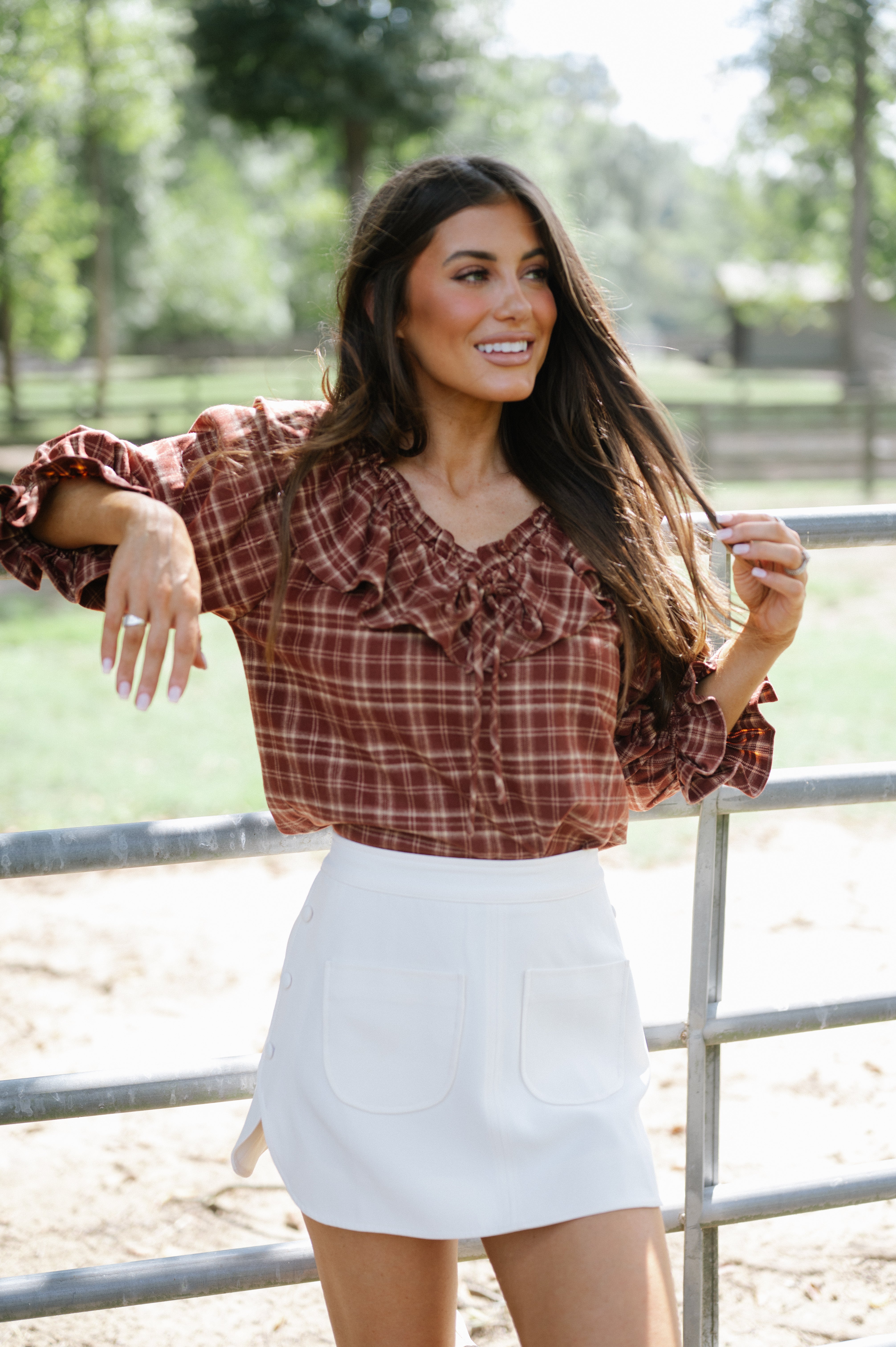 Plaid Ruffle Collar Blouse-Burnt Brick