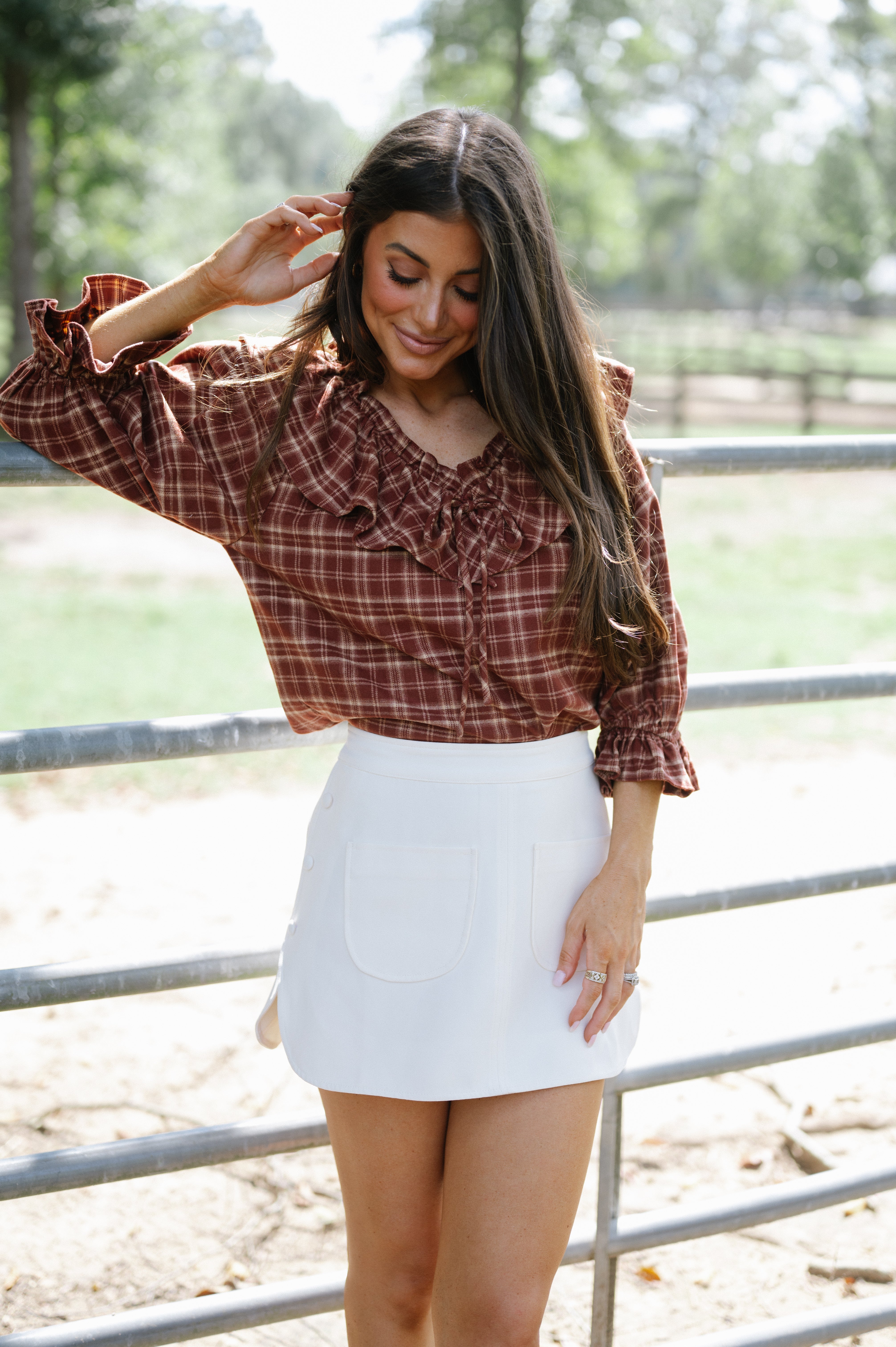 Plaid Ruffle Collar Blouse-Burnt Brick