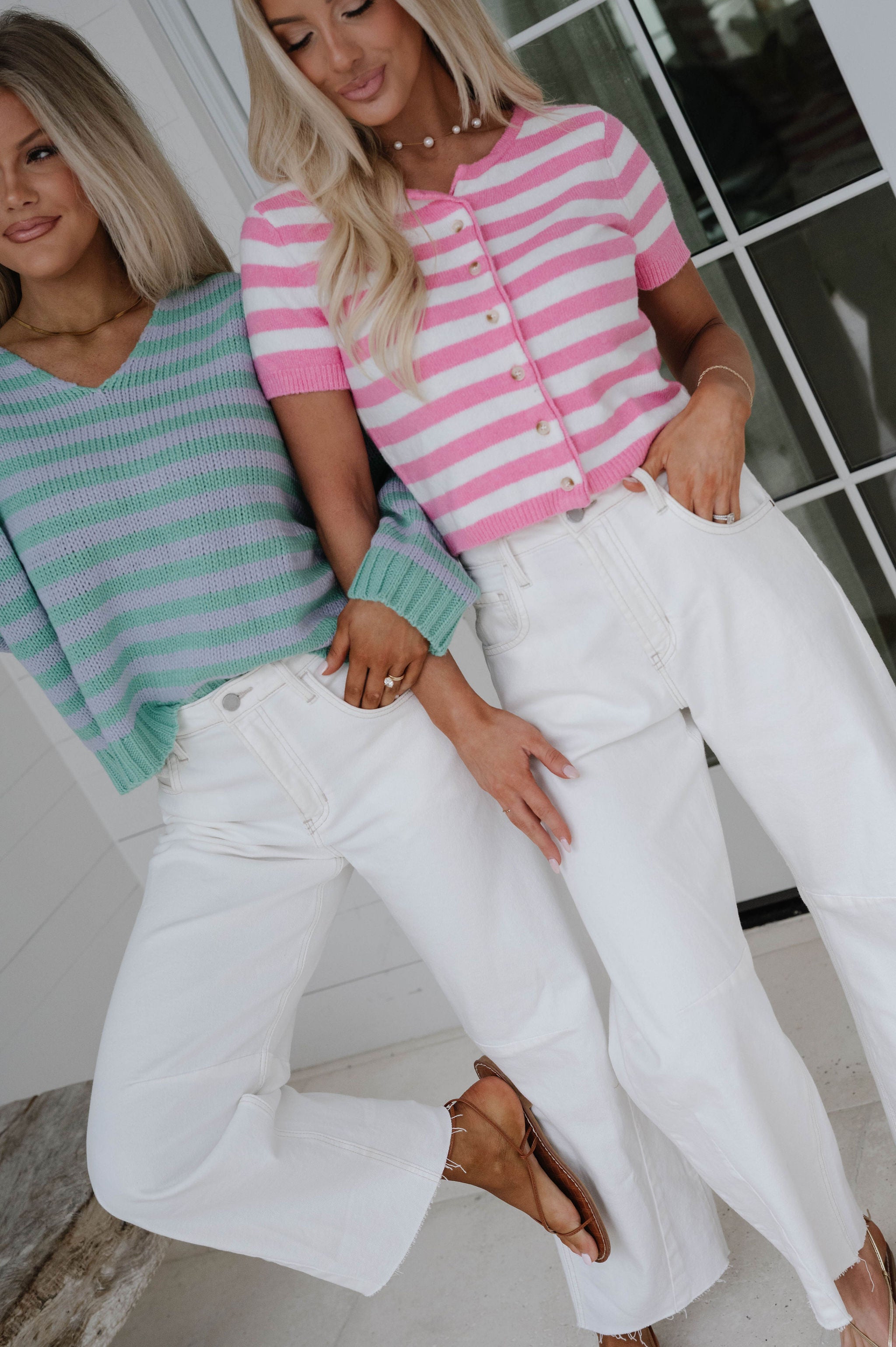 Elle Striped Button Down Sweater-Pink/Off White