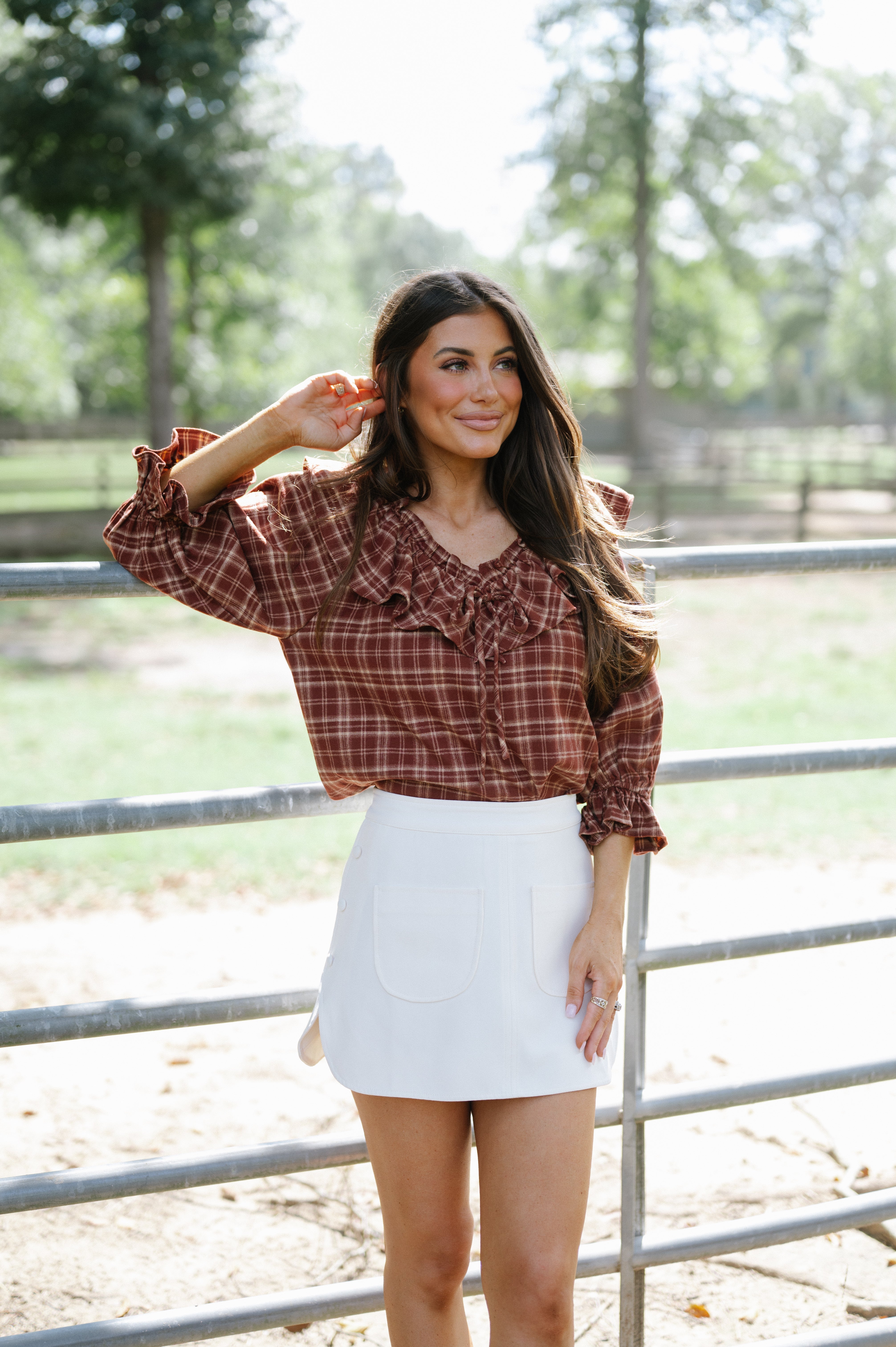 Plaid Ruffle Collar Blouse-Burnt Brick