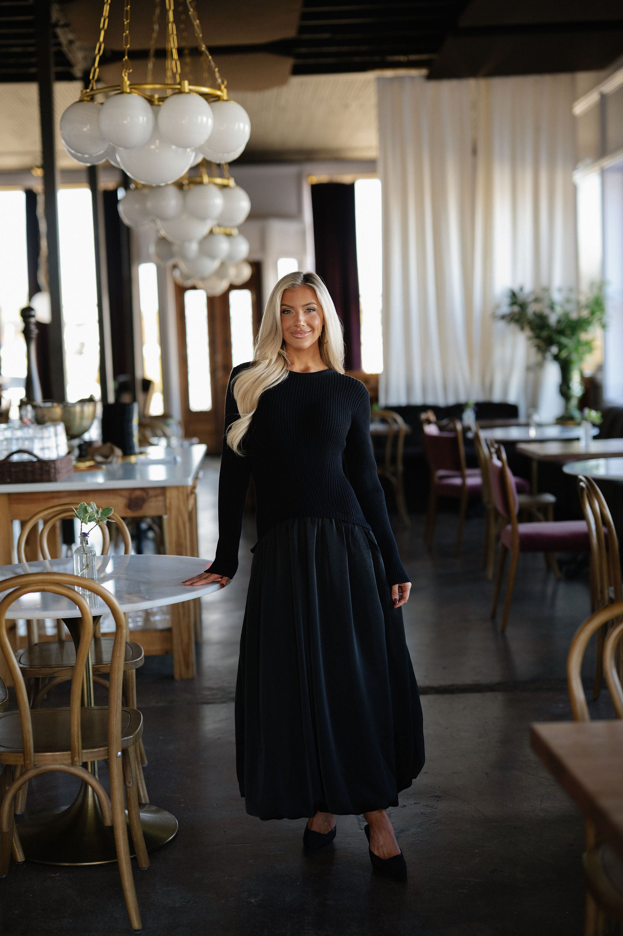 Ribbed Sweater Poplin Mix Maxi Dress-Black