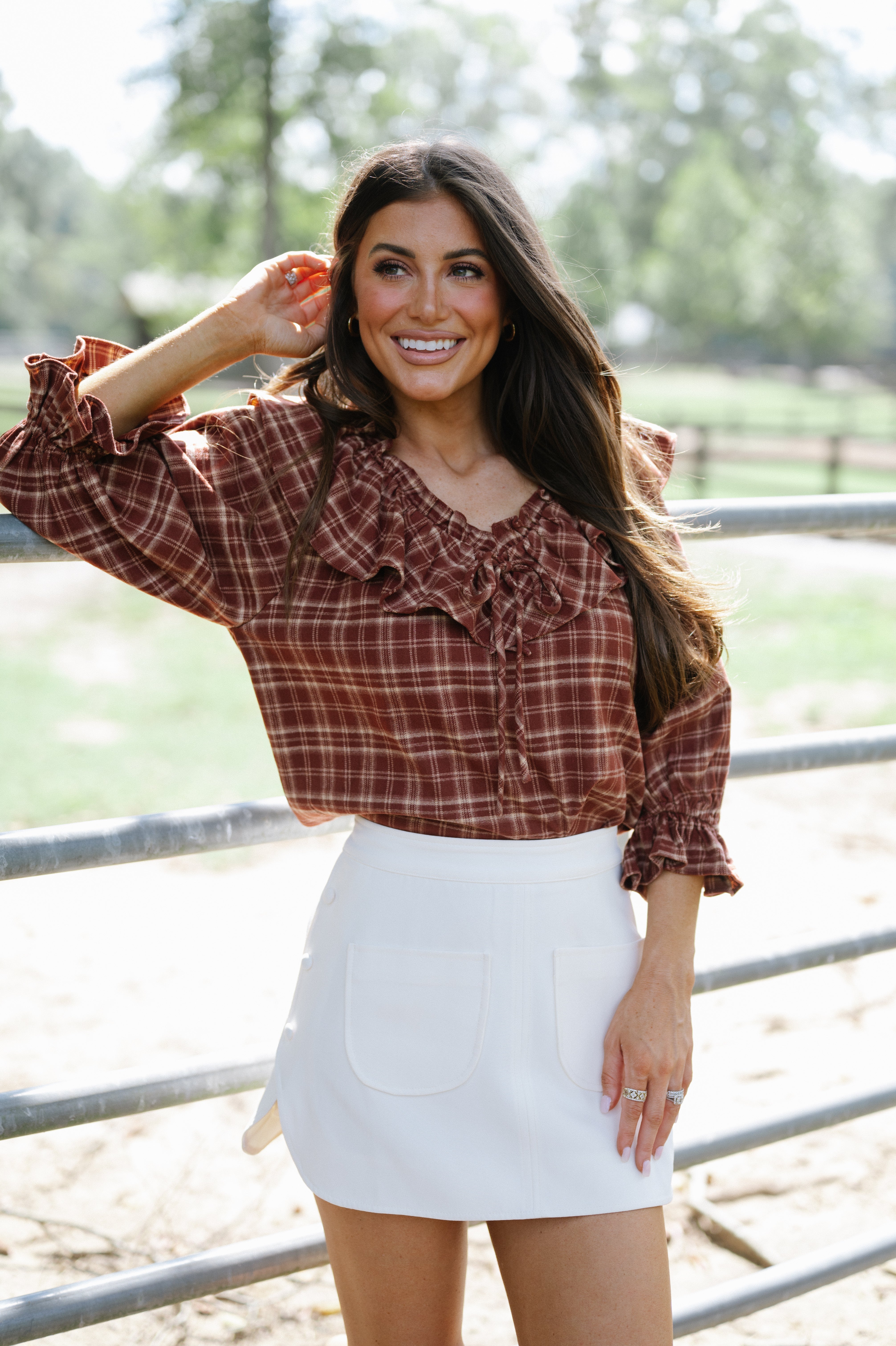 Plaid Ruffle Collar Blouse-Burnt Brick