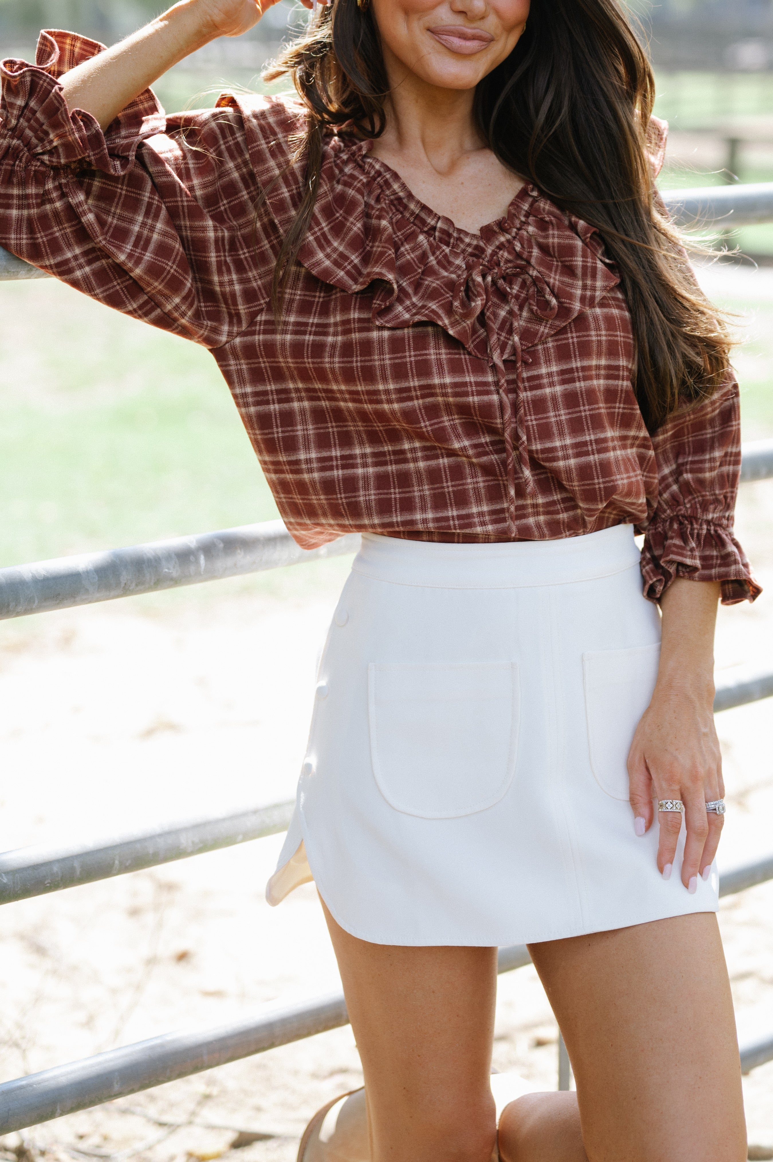 Plaid Ruffle Collar Blouse-Burnt Brick