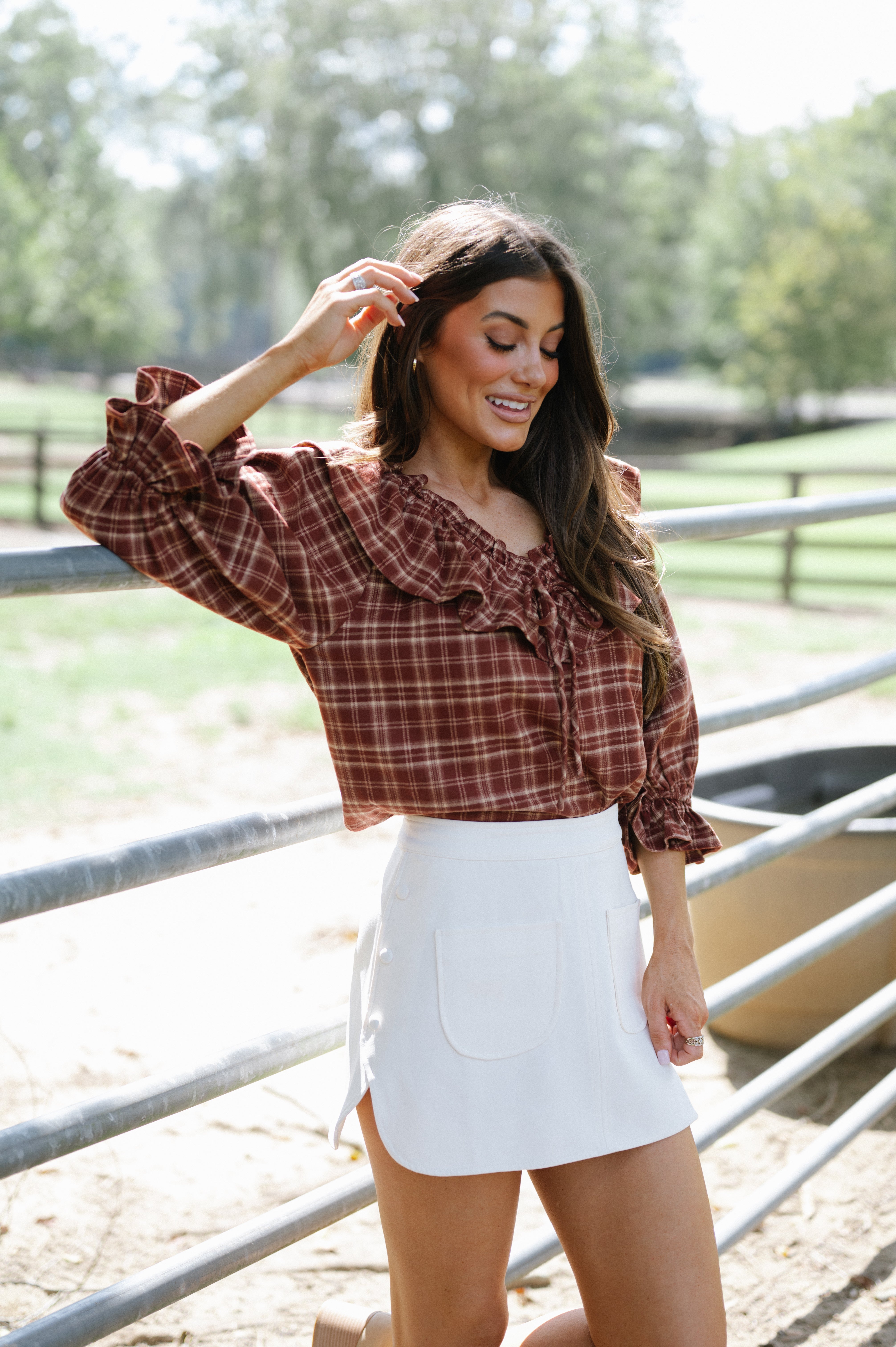 Plaid Ruffle Collar Blouse-Burnt Brick