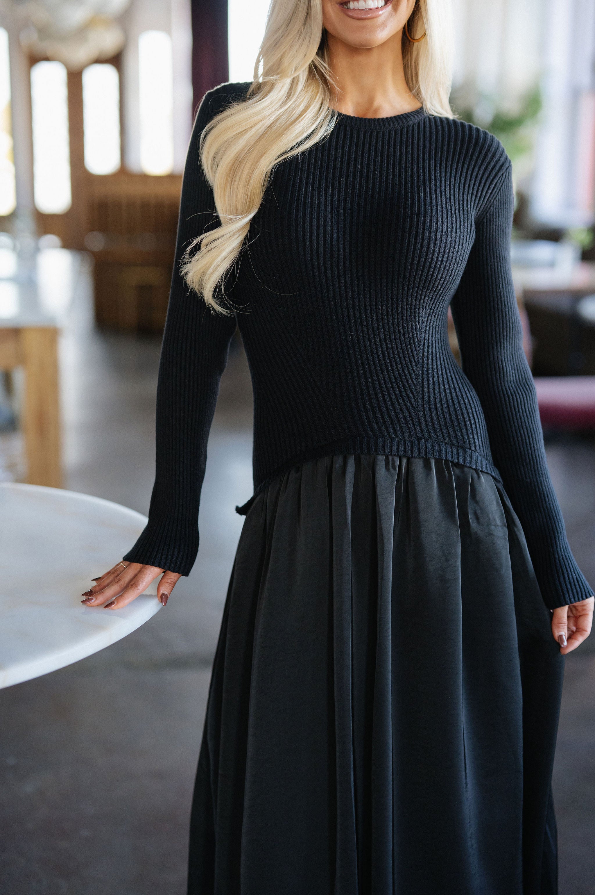 Ribbed Sweater Poplin Mix Maxi Dress-Black