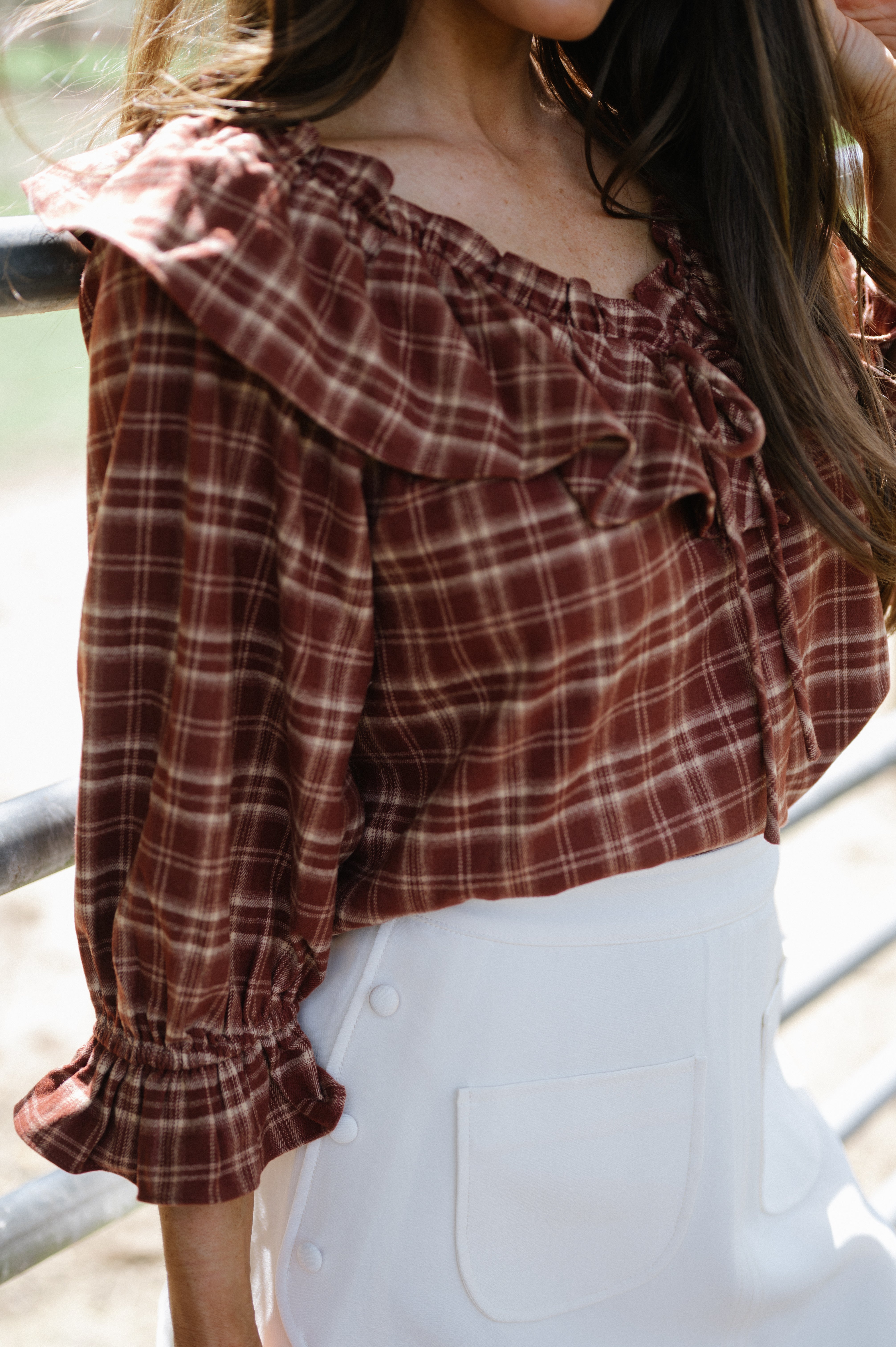 Plaid Ruffle Collar Blouse-Burnt Brick