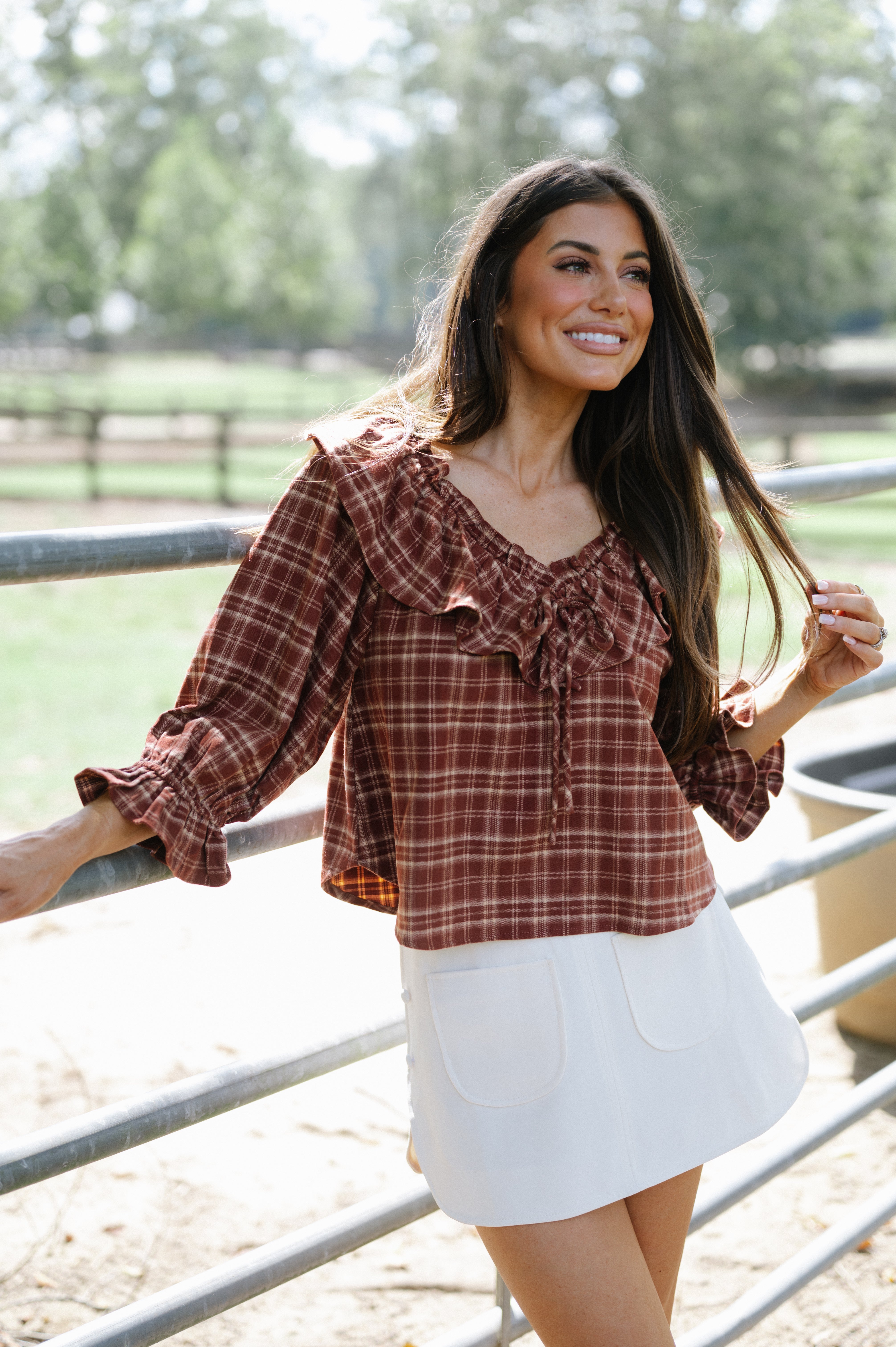 Plaid Ruffle Collar Blouse-Burnt Brick